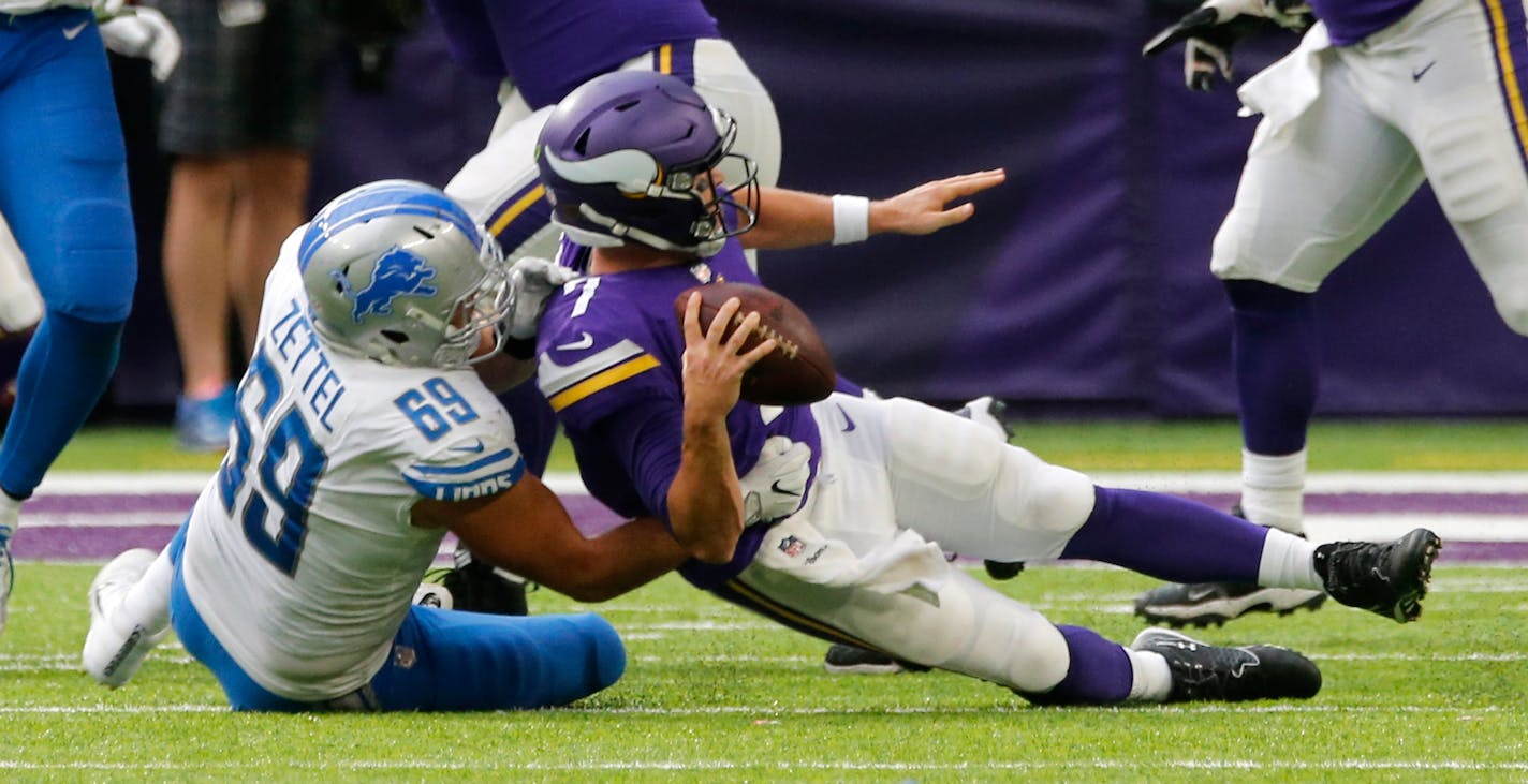 Lions defensive end Anthony Zettel sacked Vikings quarterback Case Keenum during the second half of an Oct. 1 game at U.S. Bank Stadium.