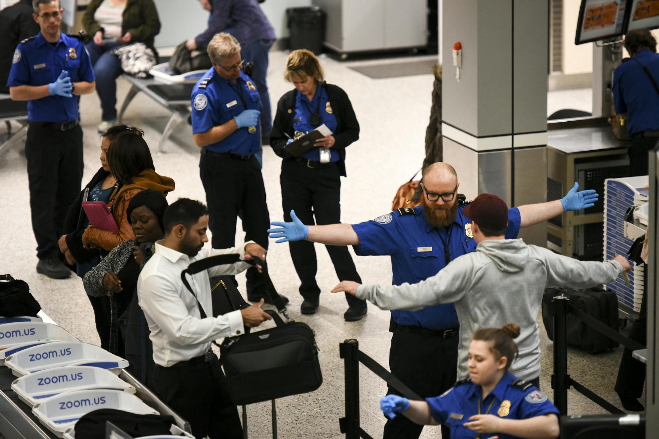 TSA employees worked without pay Tuesday at Terminal 1 at Minneapolis-St. Paul International Airport. ] Aaron Lavinsky ¥ aaron.lavinsky@startribune.com TSA operations at MSP Airport seem to be relatively normal for travelers, despite the government shutdown. We photograph TSA operations Tuesday, Jan. 15, 2019 at Minneapolis-St. Paul International Airport.