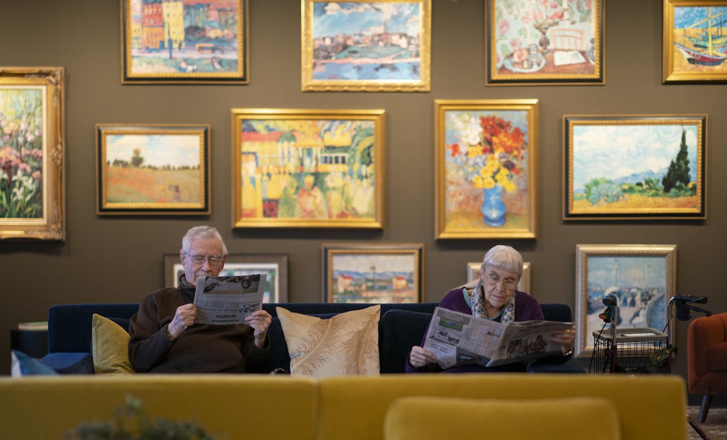 Howard and Lillian Rand read the paper in the lobby of their RidgePointe building. Behind them is artwork that was collected from throughout the building and hung together to provide a colorful splash in the newly remodeled lobby. ] JEFF WHEELER &#x2022; jeff.wheeler@startribune.com Senior housing, once dowdy and traditional, is getting a modern design facelift to appeal to the aging HGTV generation and their kids who are making decisions about where they live. Designer Cy Winship has refreshed