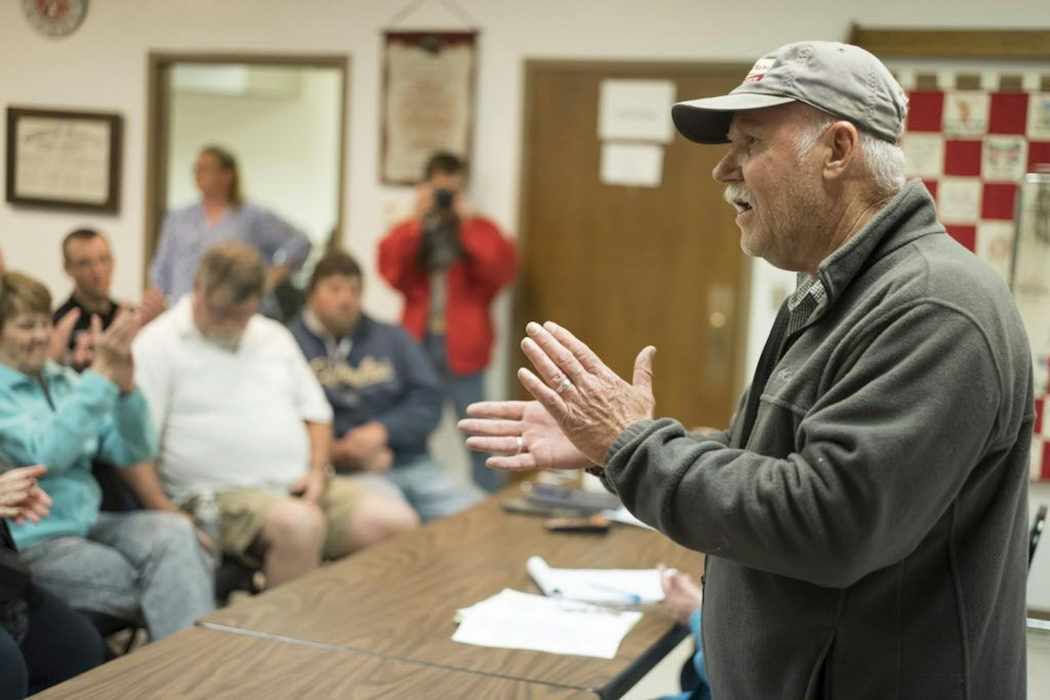 Randy Ruppert addresses residents during a meeting at the Nickerson, Neb., fire hall, Tuesday, April 19, 2016. When regional officials announced plans to open a $300 million chicken processing plant employing 1,100 workers, residents packed the firehall and the village board unanimously voted against the plant, and a week later the company gave up, saying they�d take their plant and jobs elsewhere.