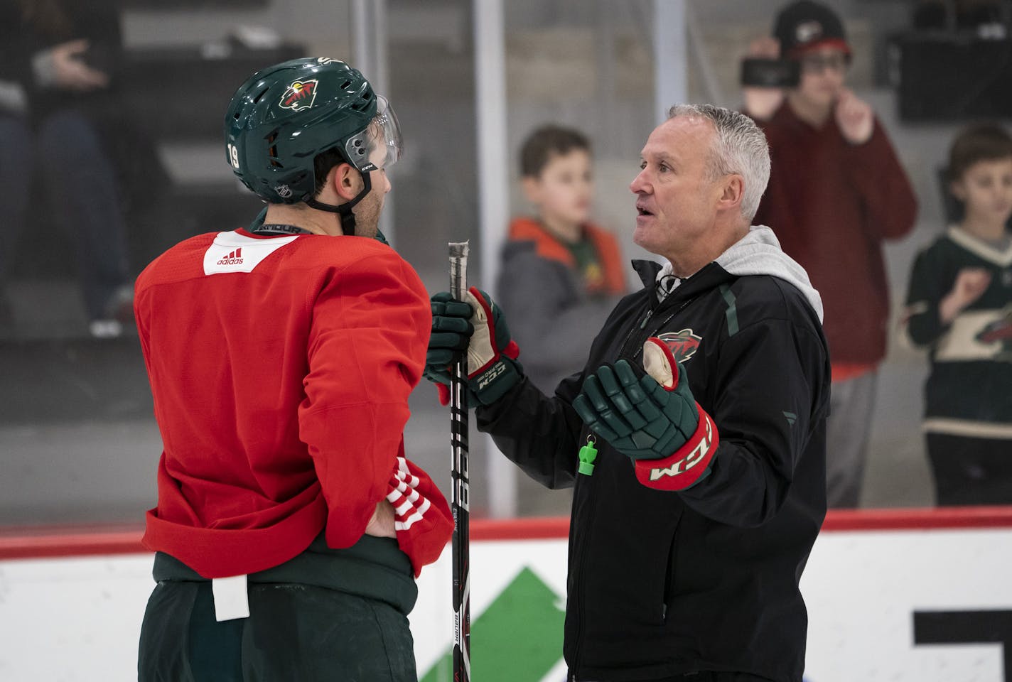 The Minnesota Wild's new interim coach Dean Evason talked with Luke Kunin during practice at Tria Rink in St. Paul, Minn., on Friday, Feb. 14, 2020. (Renee Jones Schneider/Minneapolis Star Tribune/TNS) ORG XMIT: 1652942