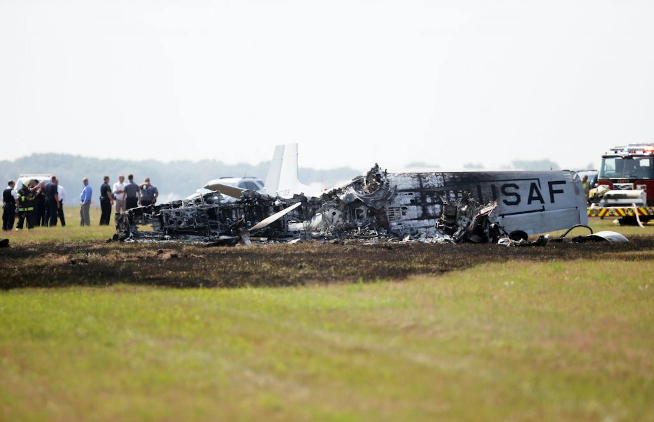 A vintage military airplane crashed and exploded into flames Thursday, Aug. 23, 2018, at the Anoka County Airport in Blaine, MN.