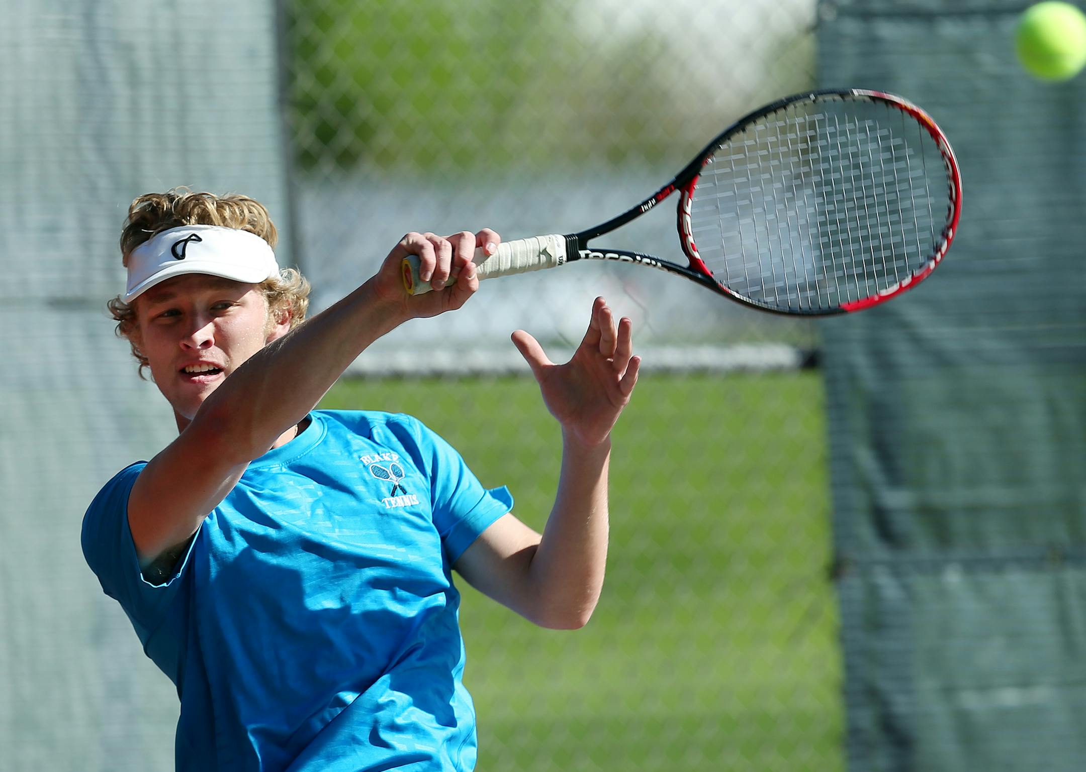 Charlie Adams of Blake High School played in the Section 4A singles tennis semifinals. ] JOELKOYAMA‚Ä¢jkoyama@startribune Hopkins, MN on May 22, 2014.