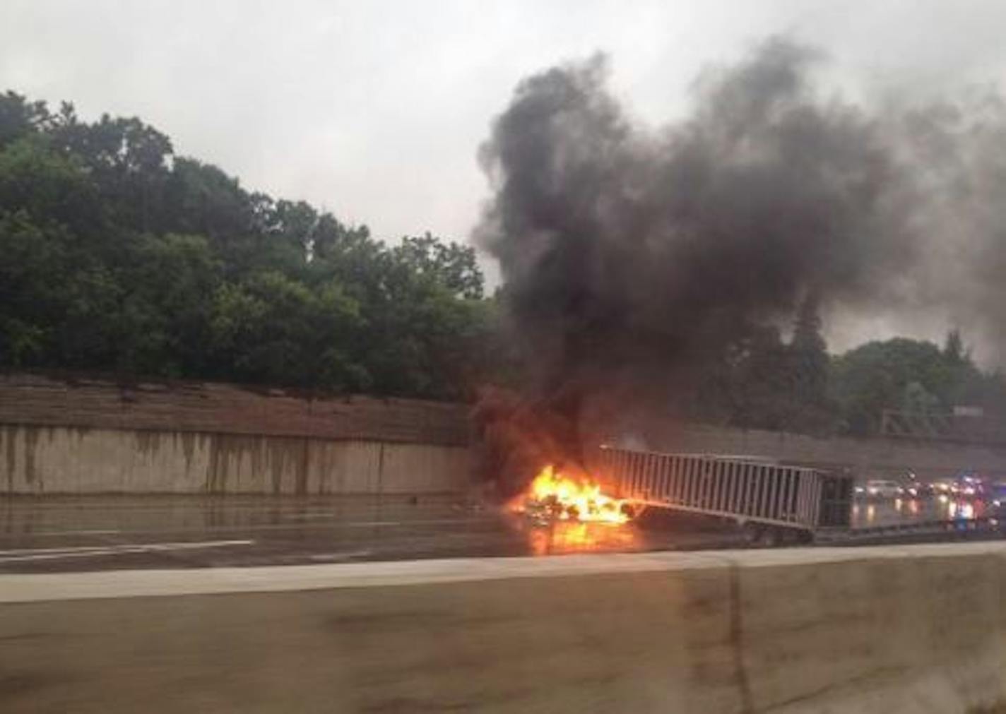 A fiery crash involving two semis, a Metro Mobility bus and another vehicle blocked traffic on I-35W northbound near Hwy. 36 in Roseville.