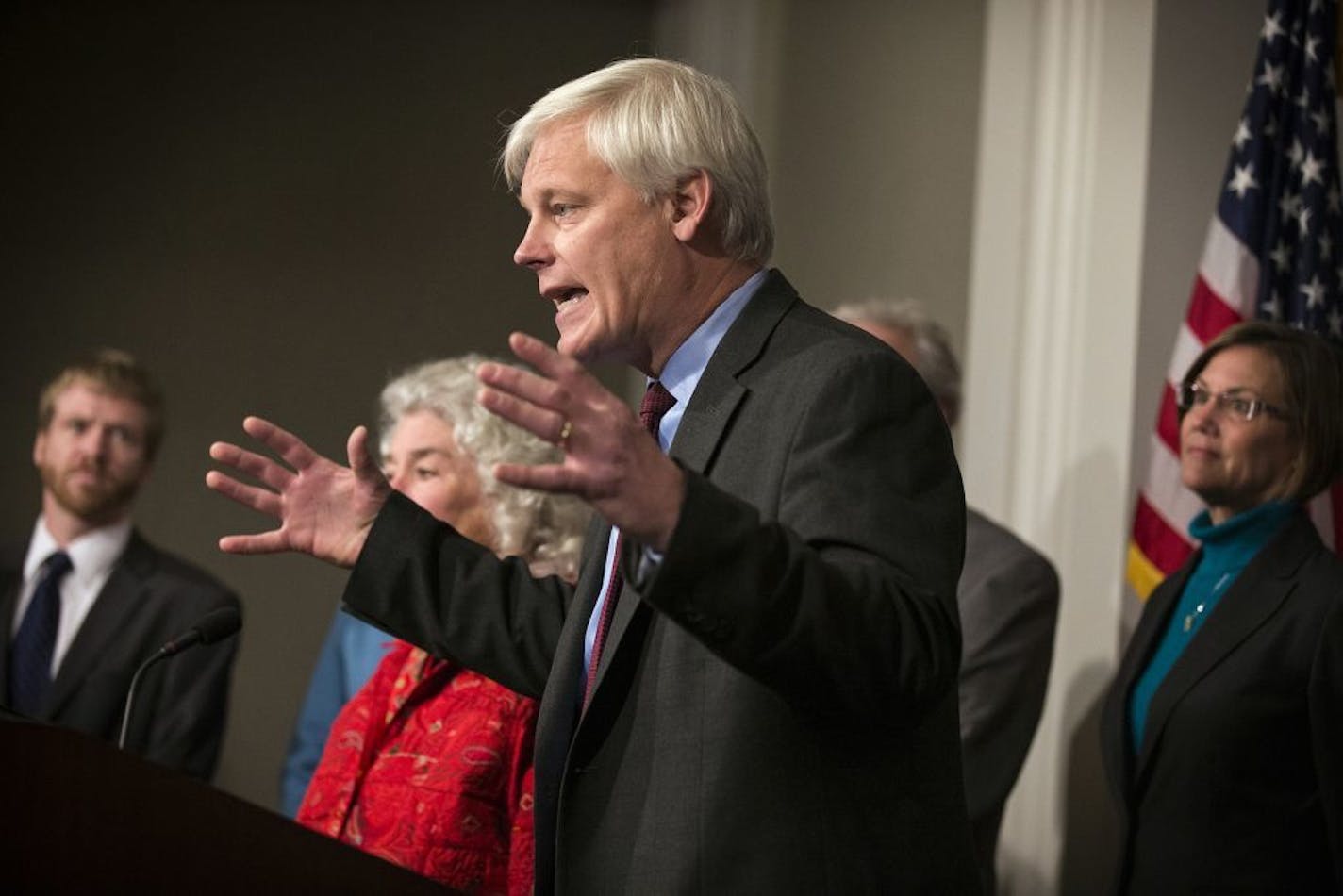 House Minority Leader Paul Thissen, center, joined by outstate DFL leaders, outlines their "Greater Minnesota for All" agenda during a press conference at the State Office building in St. Paul on Tuesday, January 19, 2016.