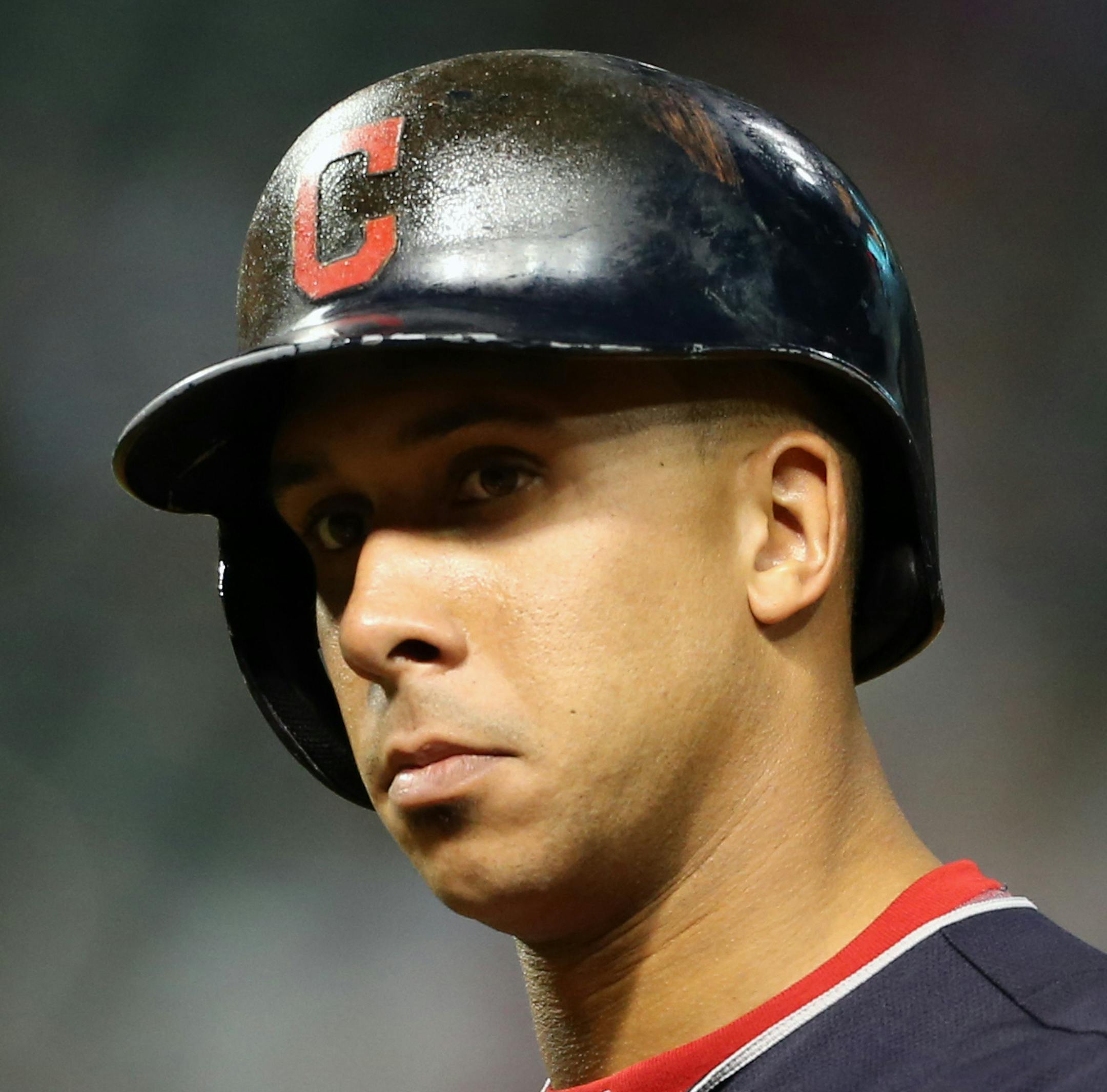 Cleveland Indians' Michael Brantley against the Chicago White Sox during the third inning of a baseball game, Friday, Sept. 18, 2015, in Cleveland. (AP Photo/Ron Schwane) ORG XMIT: MIN2015100222461163