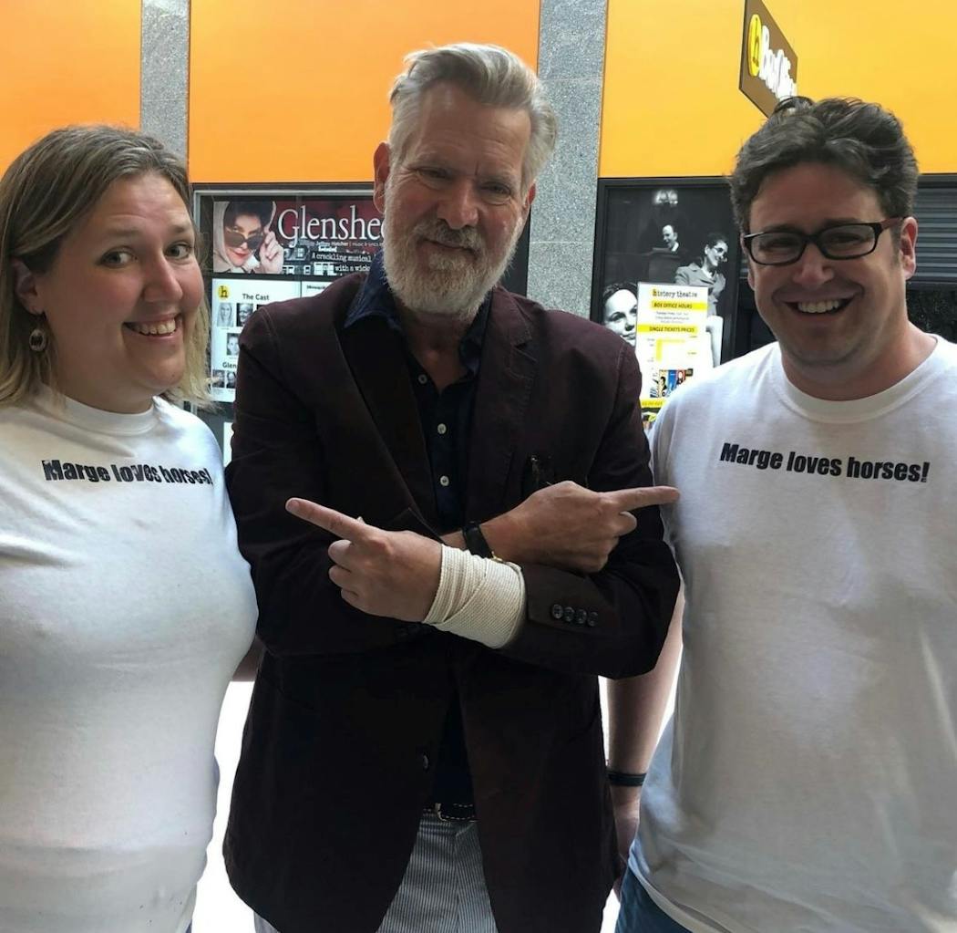 Another way fans show their regard for “Glensheen” is by having shirts printed up with catchphrases from the musical. Here, Pondie Taylor and Mark Taylor are with “Glensheen” composer Chan Poling in the History Theatre lobby.