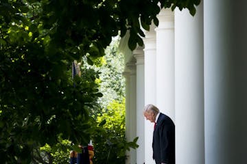 President Donald Trump walks into the Rose Garden to speak to boys and girls with the American Legion�s youth programs, at the White House in Washin