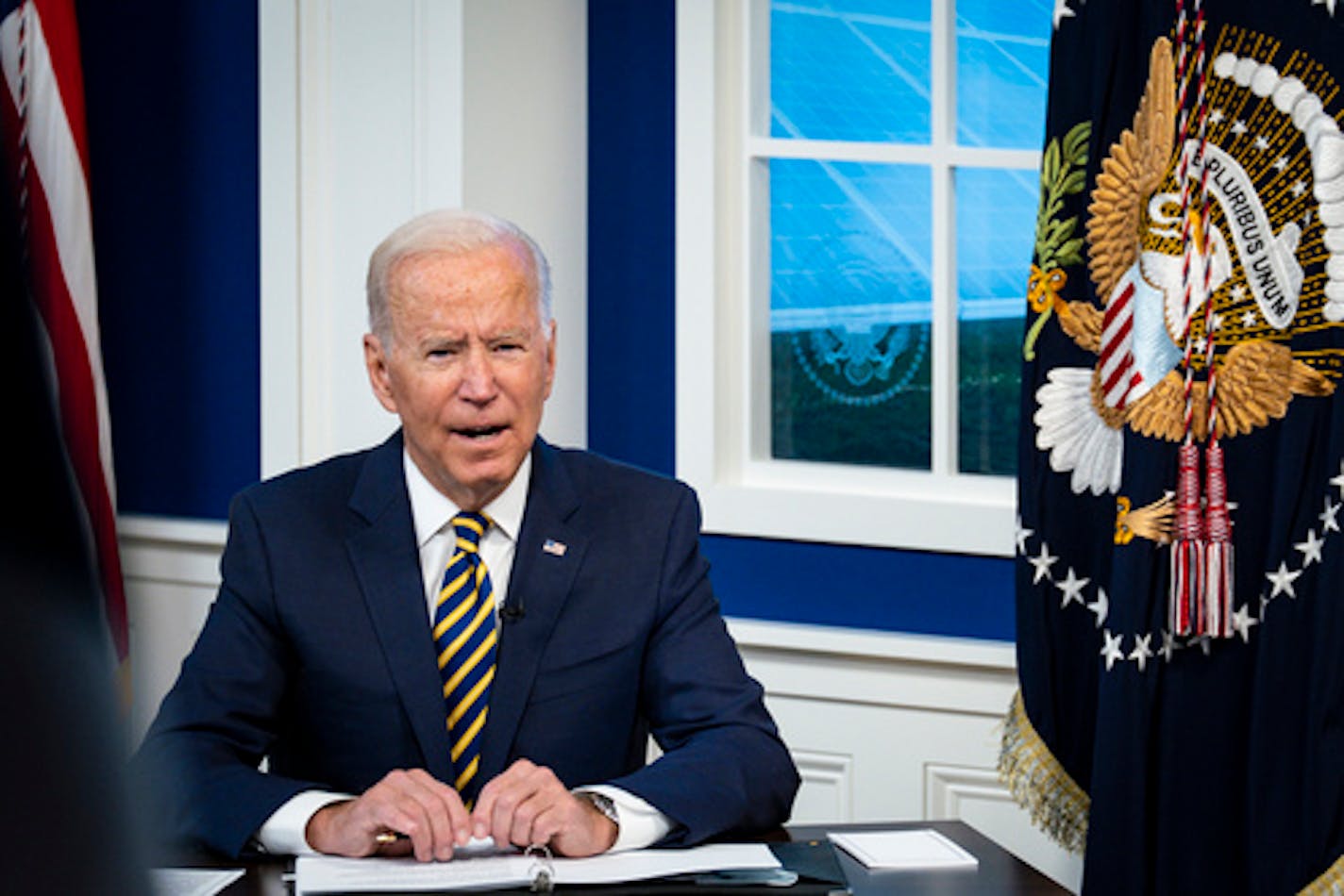 President Joe Biden addresses a virtual meeting of the Major Economies Forum on Energy and Climate in the South Court Auditorium of the Eisenhower Executive Office Building at the White House complex in Washington on Friday, Sept. 17, 2021. (Pete Marovich/The New York Times)