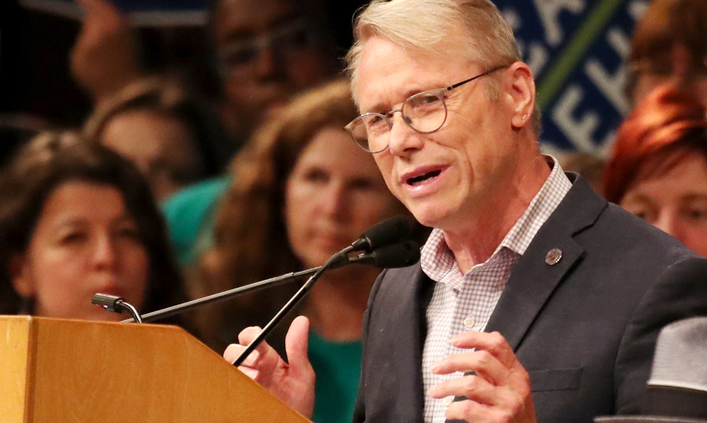 Minneapolis mayoral candidate state Rep. Raymond Dehn, DFL-Minneapolis, left, spoke to delegates at the Minneapolis DFL convention Saturday, July 8, 2017, at the Minneapolis Convention Center in Minneapolis, MN.