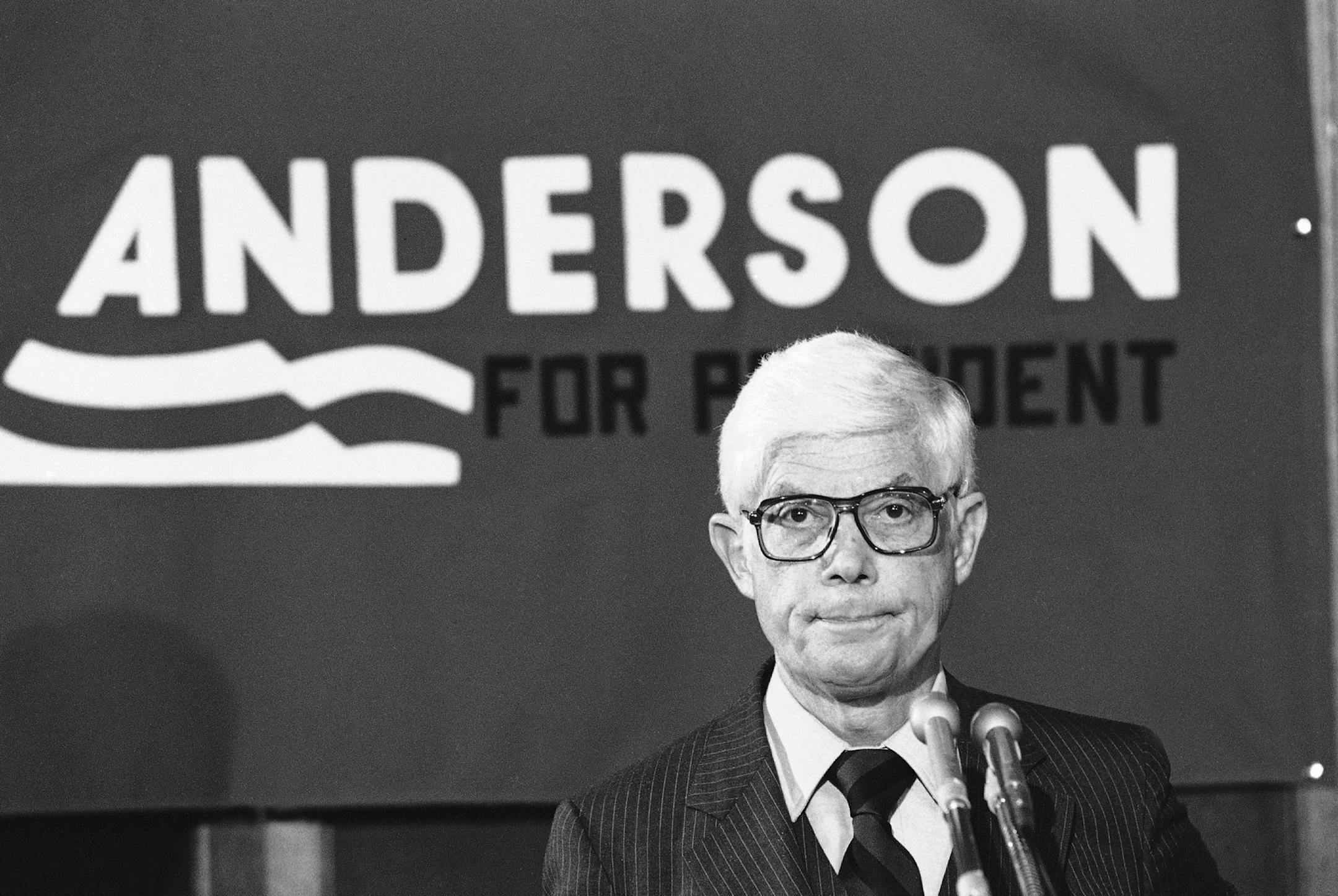FILE - In this July 2, 1980 file photo, Independent presidential candidate Rep. John Anderson of Illinois ponders a question from reporters during a press conference in Washington. The former Illinois congressman and presidential candidate has died. A family statement says the 95-year-old Rockford Republican died Sunday, Dec. 3, 2017, in Washington, D.C. Anderson served ten terms in the U.S. House of Representatives and sought the Republican presidential nomination in 1980. He later waged an ind