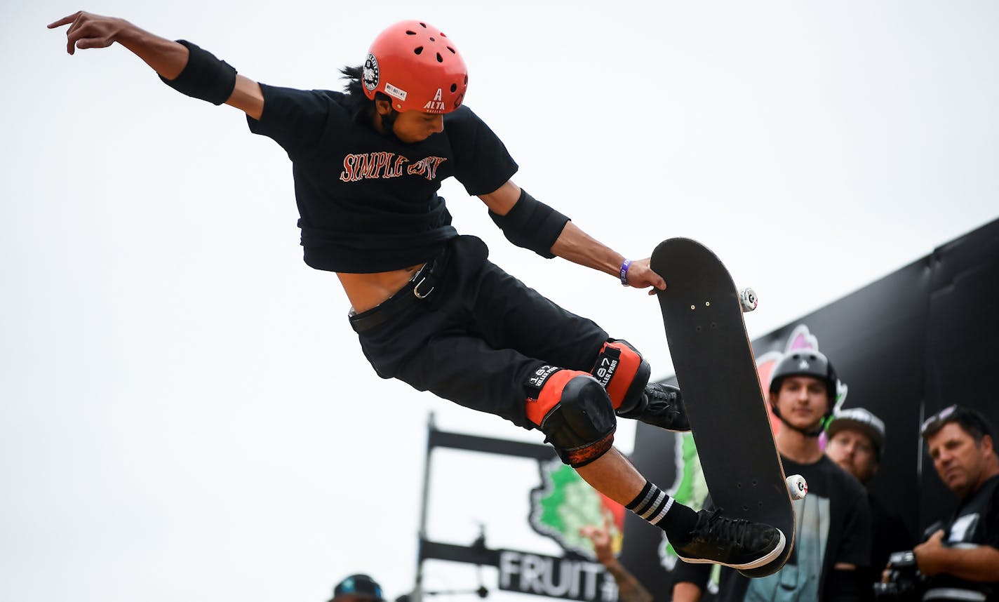 Japan's Moto Shibata launches out of the vert ramp during the finals at the X Games on Thursday, July 13, 2017 at U.S. Bank Stadium in Minneapolis