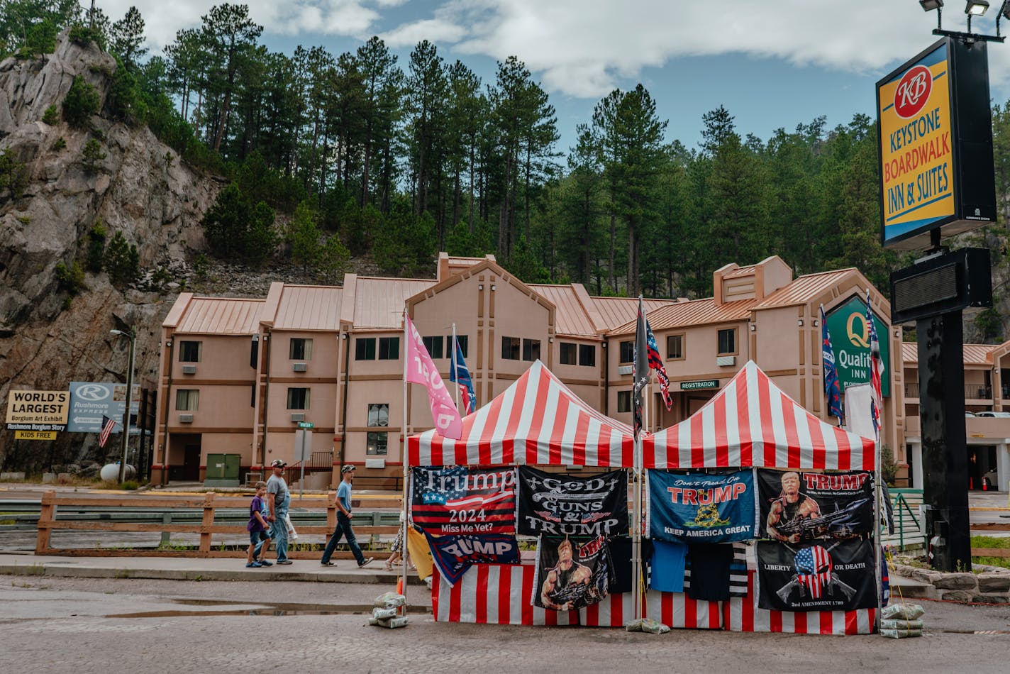 A booth selling Donald Trump themed merchandise ahead of a Republican rally that the former president was to attend, in Keystone, S.D., Sept. 7, 2023. Many of the Republican Party's wealthiest donors, who have made clear their distaste for Trump, are reacting with a mix of hand-wringing, calls to arms and fatalism as he barrels toward the nomination. (Jamie Kelter Davis/The New York Times)