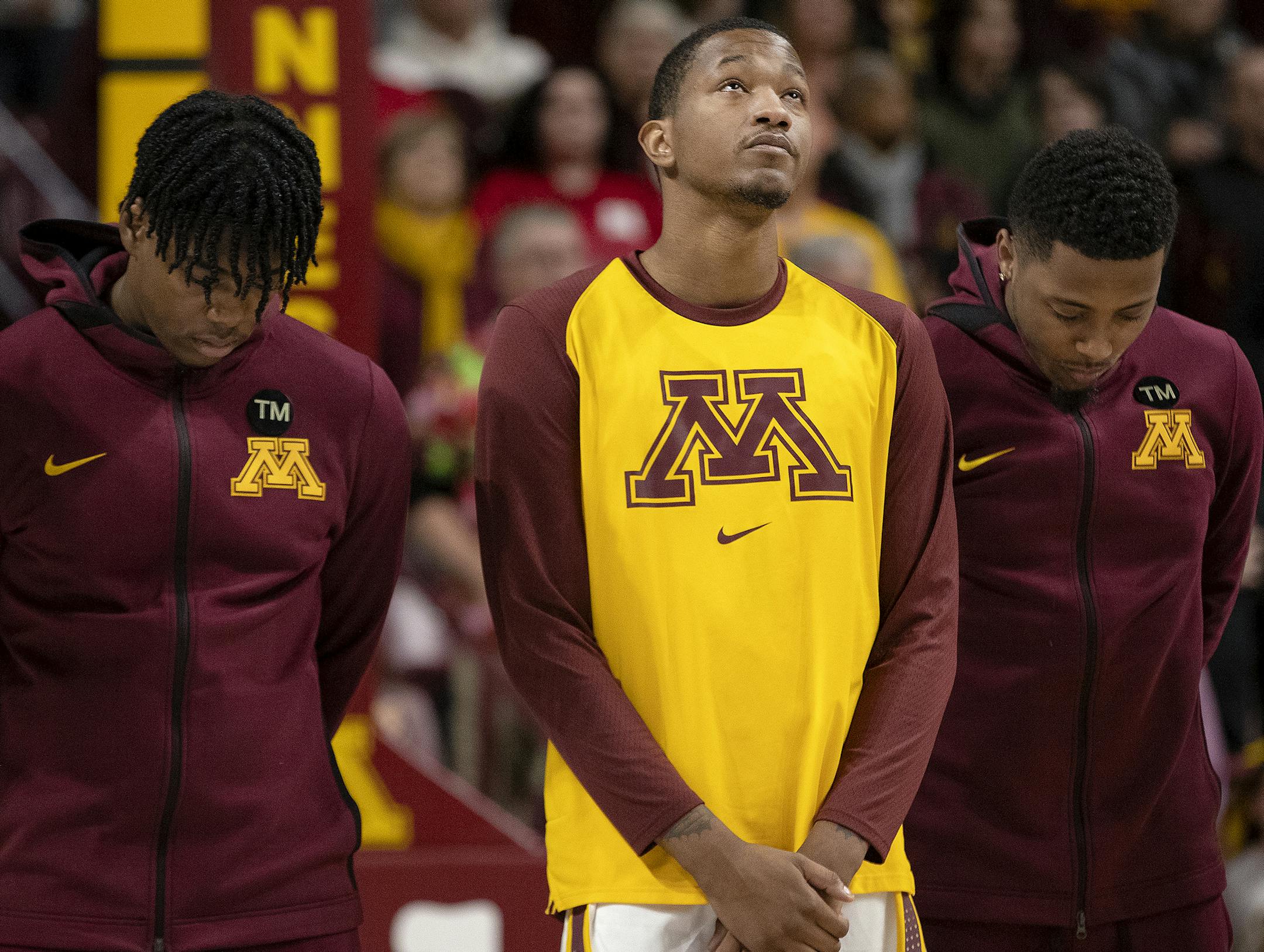 Gophers guard Dupree McBrayer looked up after a moment of silence to honor his mother Tayra McFarlane who passed away earlier this week. ] CARLOS GONZALEZ &#x2022; cgonzalez@startribune.com &#x2013; December 5, 2018, Minneapolis, MN, Williams Arena, NCAA Big 10 Basketball, University of Minnesota Gophers vs. Nebraska