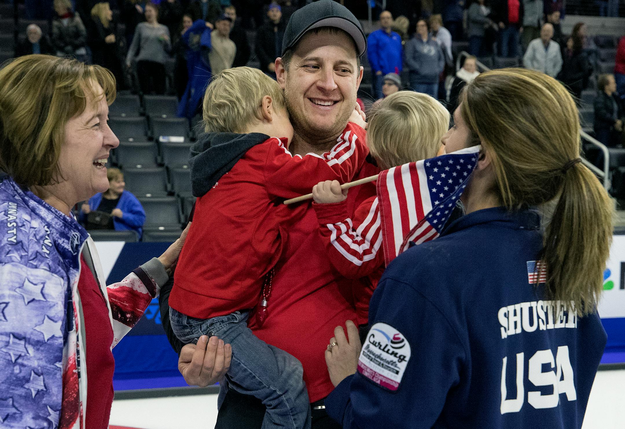 John Shuster was greeted by his family after his team won the Gold Medal at the U.S. Olympic curling team trials. Team Shuster beat Team McCormick to represent the USA in the 2018 Winter Olympics. ] CARLOS GONZALEZ � cgonzalez@startribune.com - November 18, 2017, Omaha, NE, Baxter Arena, US Olympic curling trials, Team McCormick vs. Team Shuster