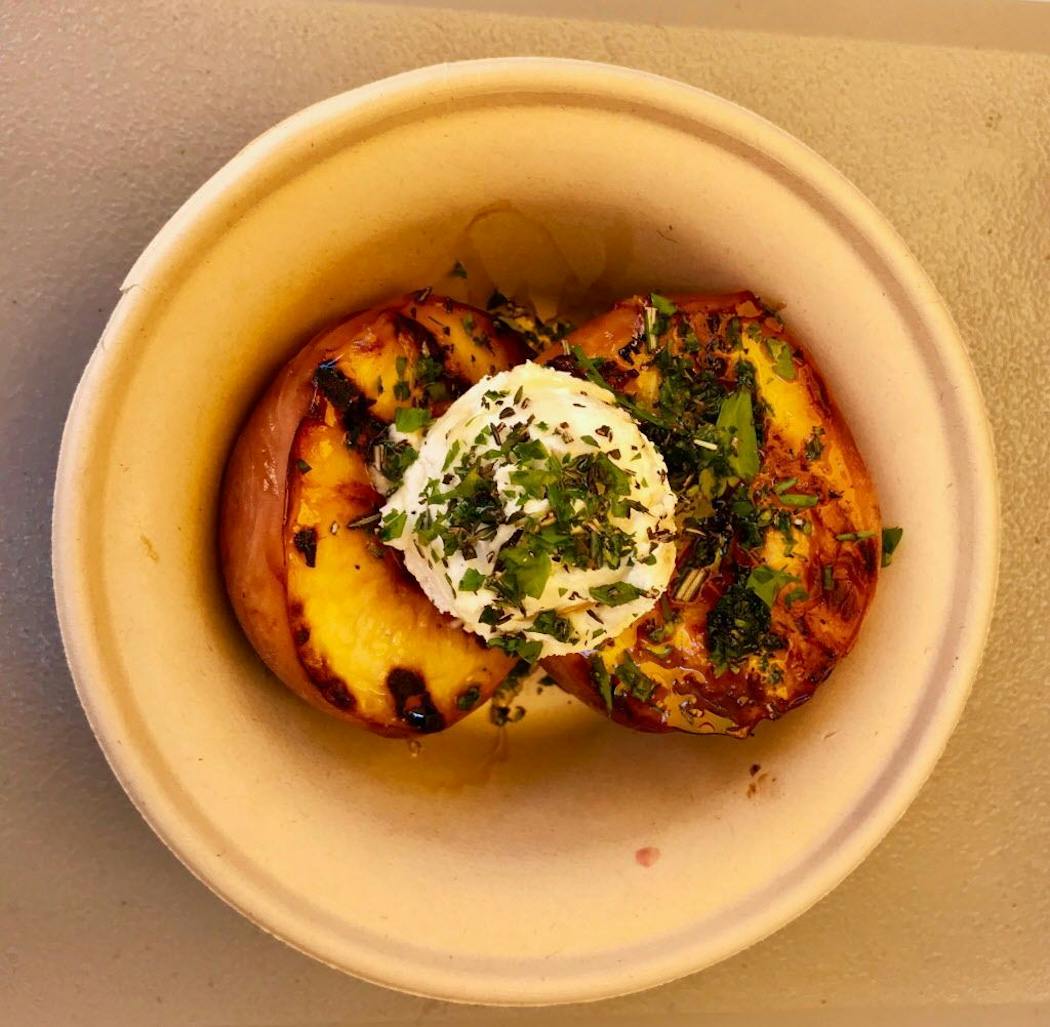 Grilled peaches, Produce Exchange, Carnes/Underwood, $5-$7-$9. Freaking glorious. What better way to take advantage of peak peach season than to warm them on the grill? They're served w/goat cheese/herbs (pictured), yogurt/pie crumble or just straight up (my favorite). Don't miss. Photo by Rick Nelson New food at the Minnesota State Fair 2018