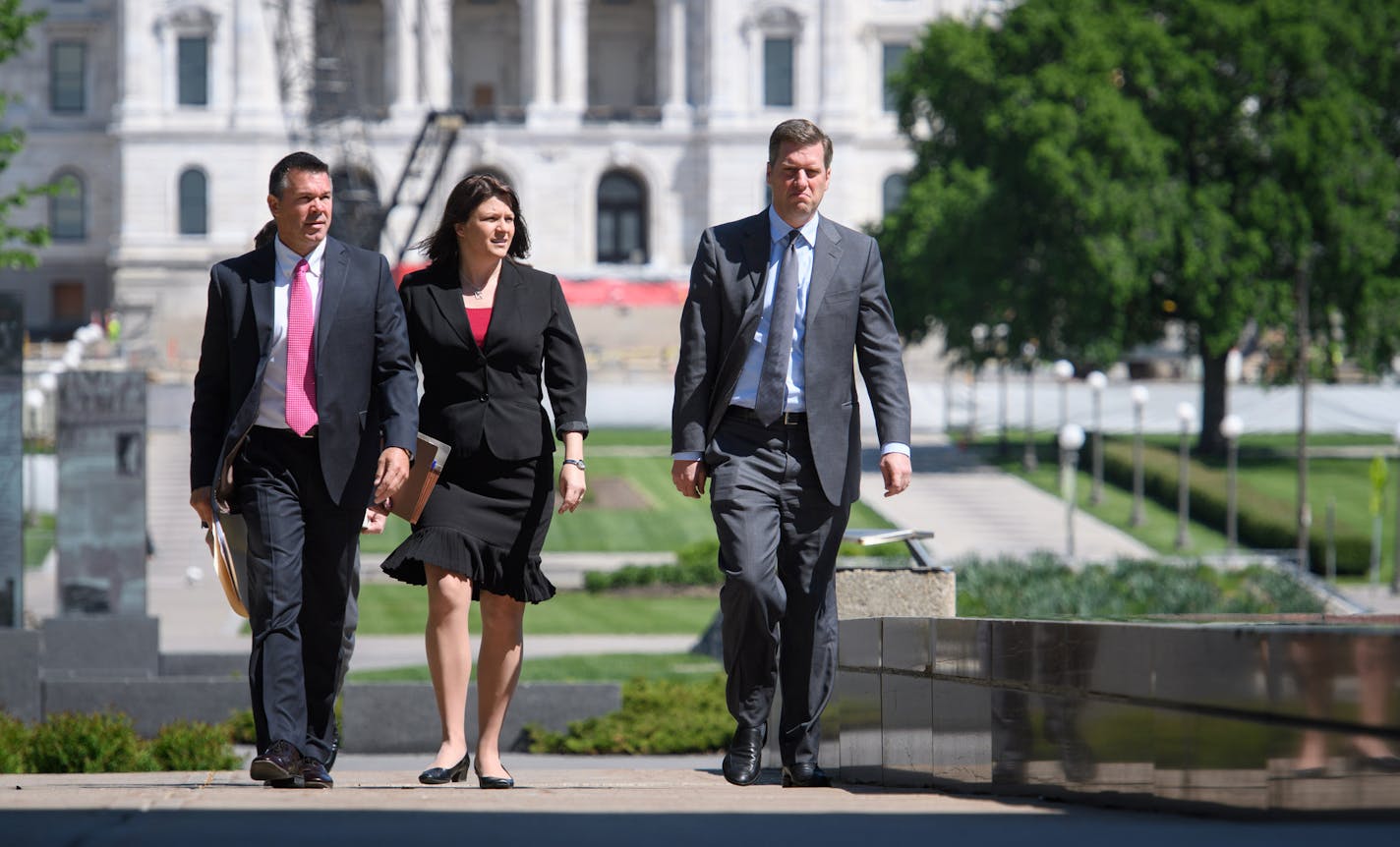 House Speaker Kurt Daudt along with Majority Leader Joyce Peppin and Transportation committee chairman Tim Kelly, left walked to a meeting with Governor Dayton. ] GLEN STUBBE * gstubbe@startribune.com Monday, May 16, 2016 The Dayton administration offered two options to legislative leaders that would pump $600 million annually to fix the state's roads and bridges, one includes a 5-cent gas tax. The deal offered wasn't good enough for House Republicans.