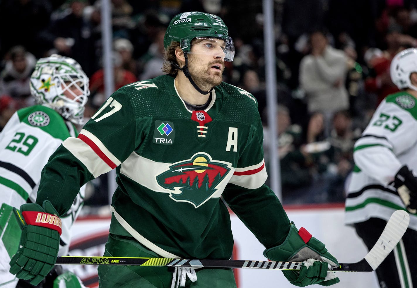 Marcus Foligno (17) of the Minnesota Wild iduring Round 1, Game 4 of the NHL playoffs Sunday, April 23, 2023, at Xcel Energy Center in St. Paul, Minn. ] CARLOS GONZALEZ • carlos.gonzalez@startribune.com.