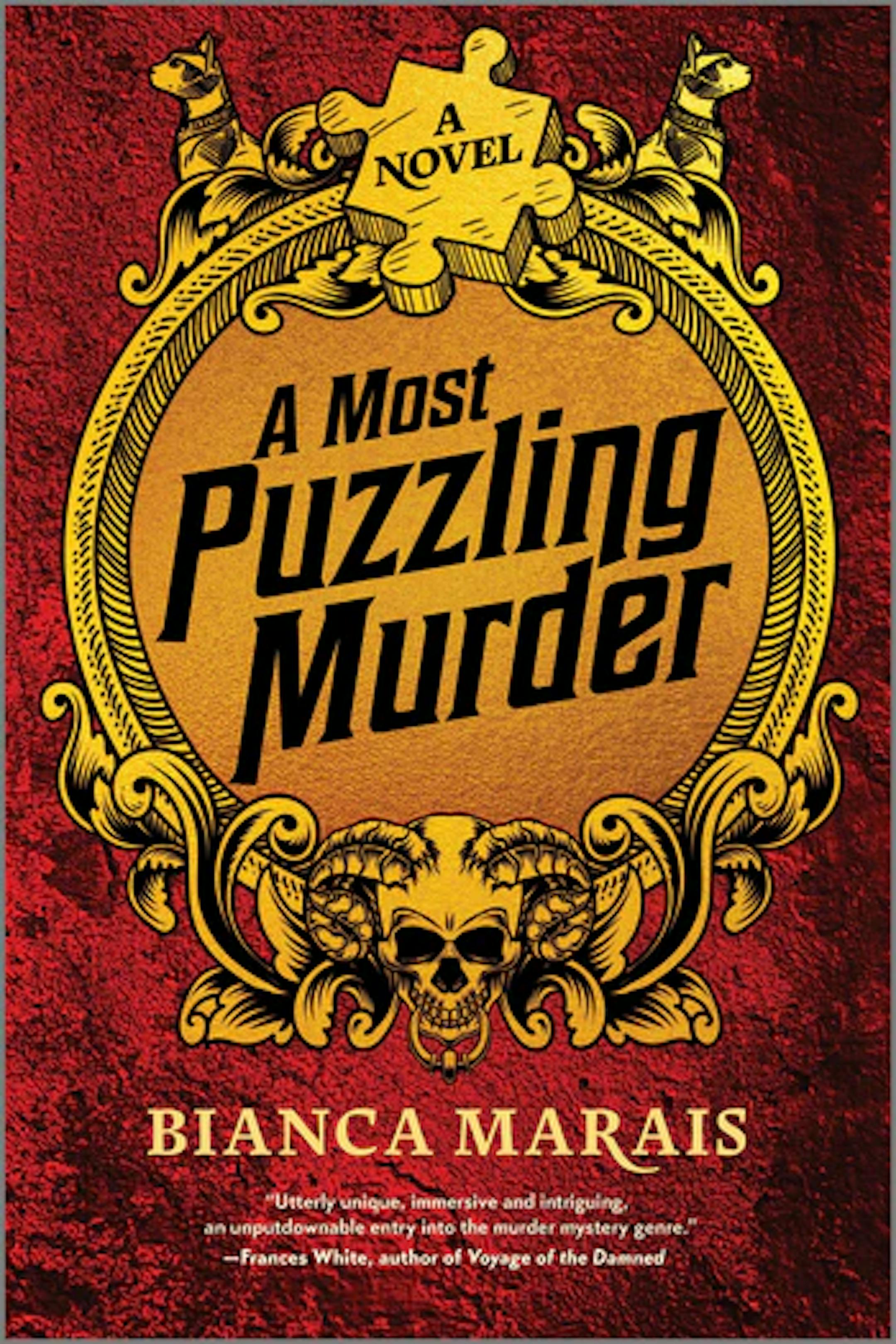 burgundy cover of A Most Puzzling Murder features an elaborate frame in gold and a jigsaw puzzle piece