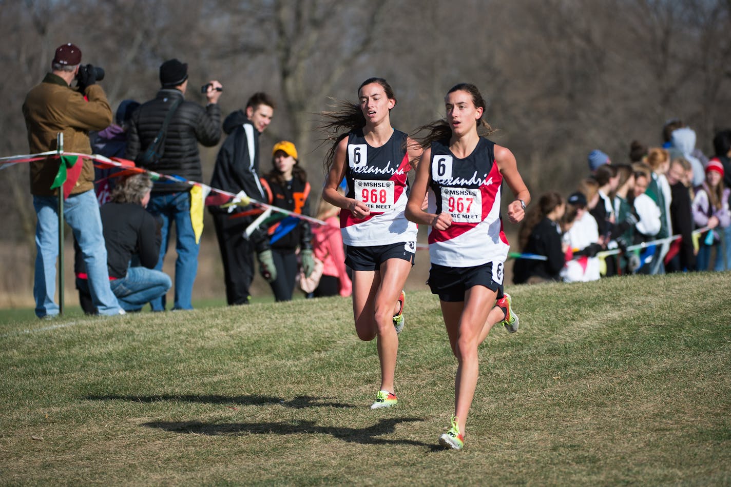 From left, Bethany Hasz and Megan Hasz, of Alexandria, led all other runners in the final half of the Class 2A girls' race last fall (Aaron Lavinsky, Star Tribune file photo)