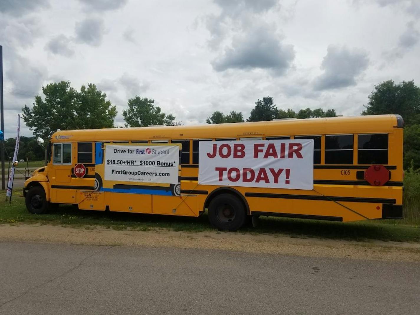 First Student held a hiring fair on Wednesday at its Champlin garage. The company is offering a $1,000 bonus for new drivers.