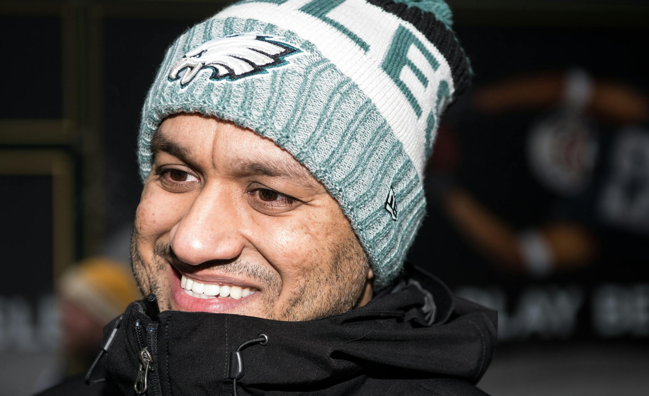 Tanmay Patel, of Philadelphia, is a team employee for the Eagles. ] AARON LAVINSKY ï aaron.lavinsky@startribune.com Patriots and Eagles fans were photographed Friday, Feb. 2, 2018 on Nicollet Mall in Minneapolis, Minn.