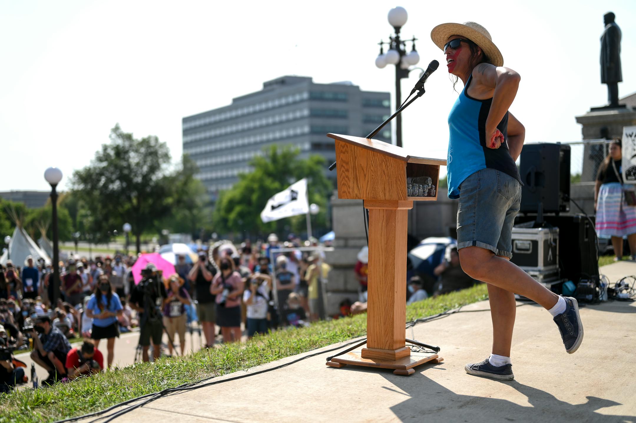 Activist Winona LaDuke addressed protesters outside the Minnesota State Capitol Wednesday afternoon.