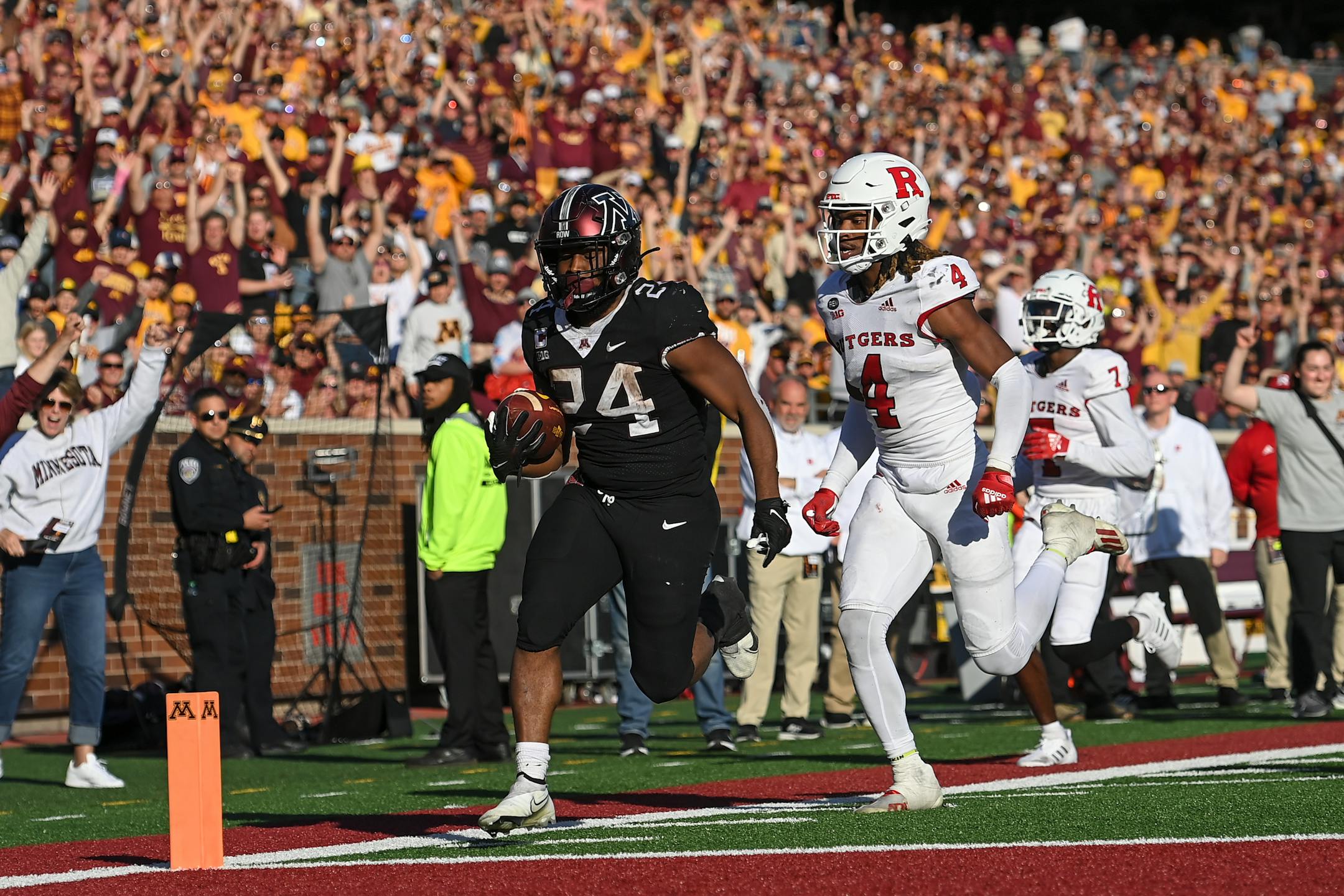 Minnesota Golden Gophers running back Mohamed Ibrahim (24) rushed for his third touchdown during the fourth quarter against the Rutgers Scarlet Knights Saturday, Oct. 29, 2022 at Huntington Bank Stadium in Minneapolis, Minn.