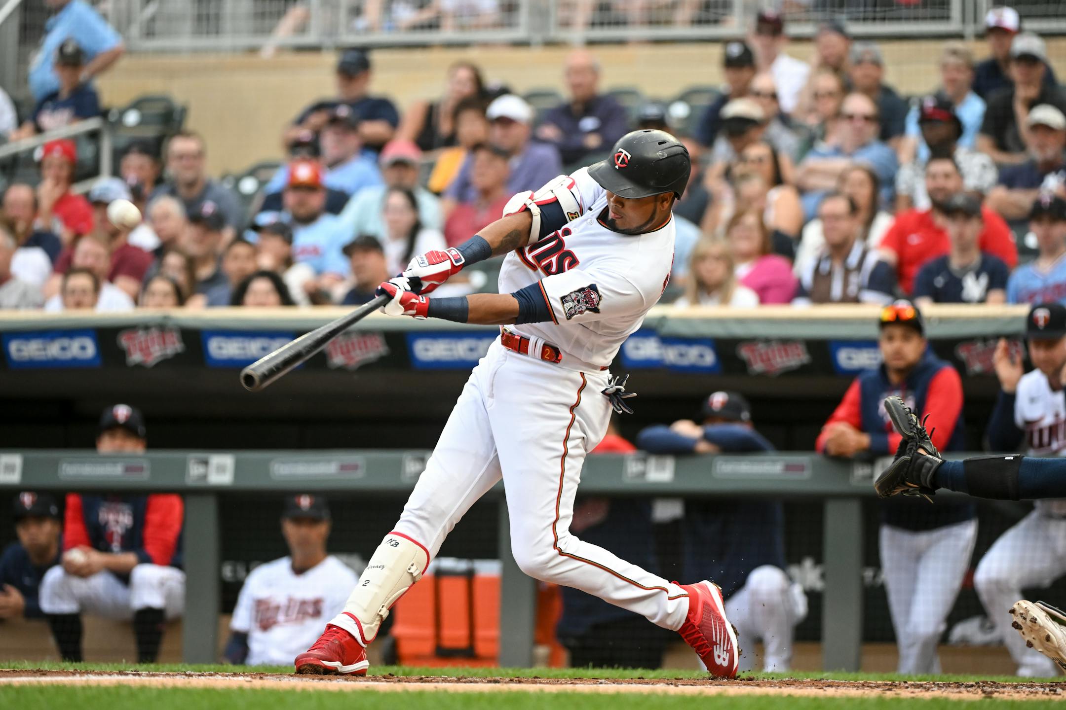 Minnesota Twins first baseman Luis Arraez (2) hits a solo home run in the bottom of the first inning against the New York Yankees.