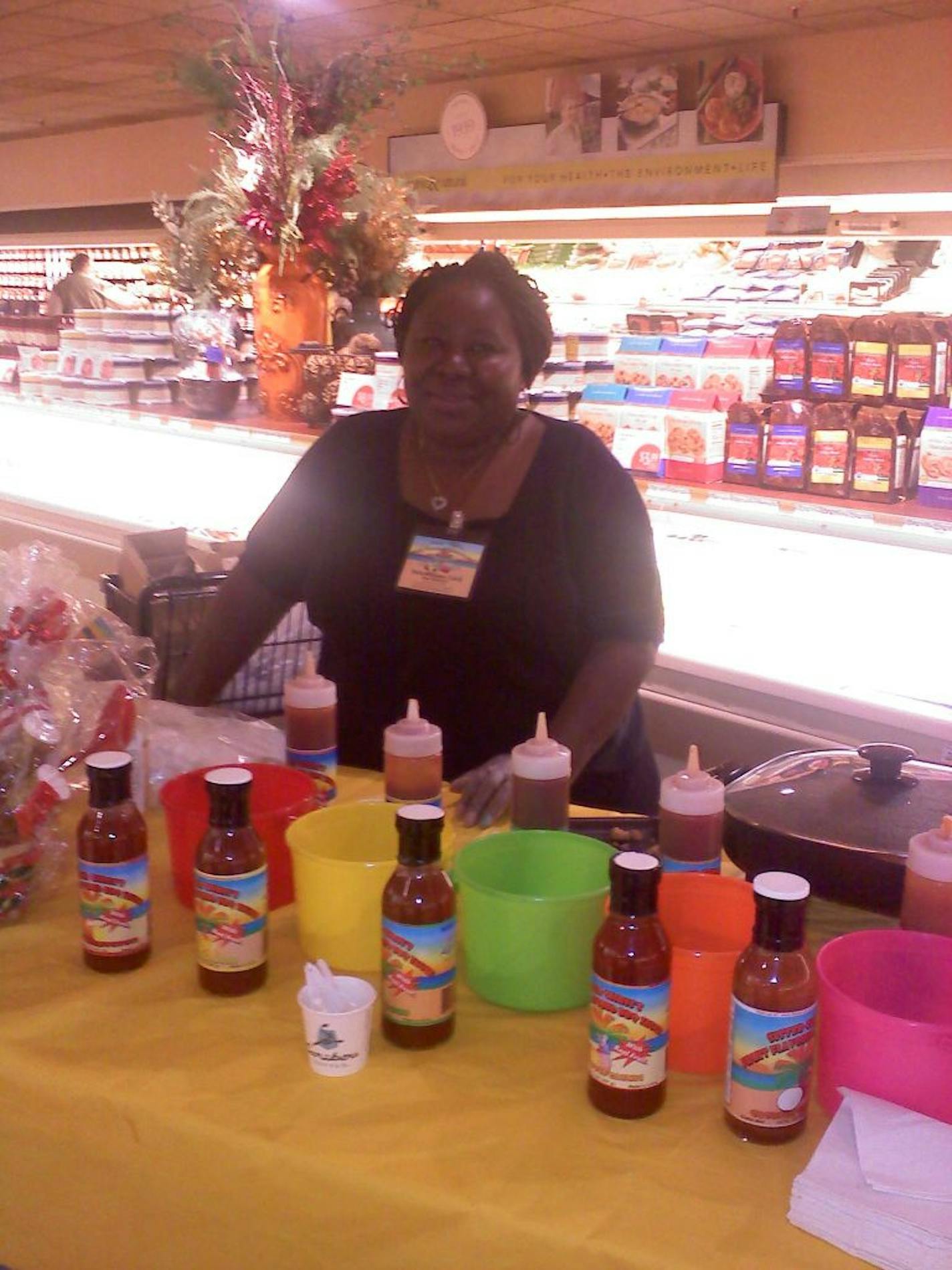 Vicie Williams at the St. Louis Park Byerlys on Thursday. Her fruit-flavored BBQ sauces are flying off the shelves.