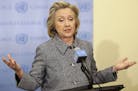 Hillary Rodham Clinton speaks to the reporters at United Nations headquarters, Tuesday, March 10, 2015. Clinton conceded Tuesday that she should have 