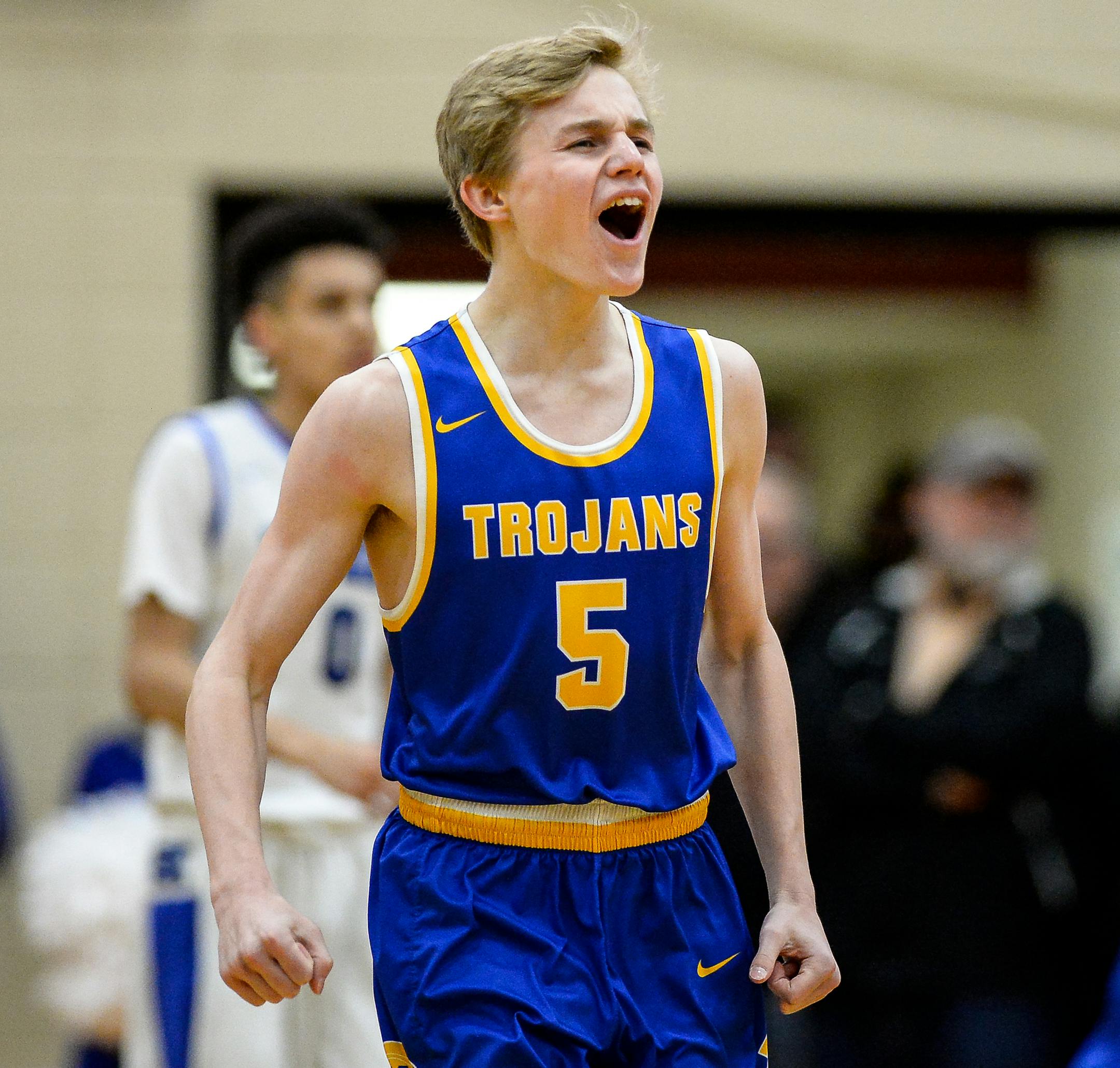 Wayzata guard Luke Paulson (5) celebrated after hitting a 3-point shot in the first half Wednesday against Hopkins. ] AARON LAVINSKY ï aaron.lavinsky@startribune.com Wayzata played Hopkins in the Class 4A, Section 6 championship game on Wednesday, March 15, 2017 at Osseo High School in Osseo, Minn.