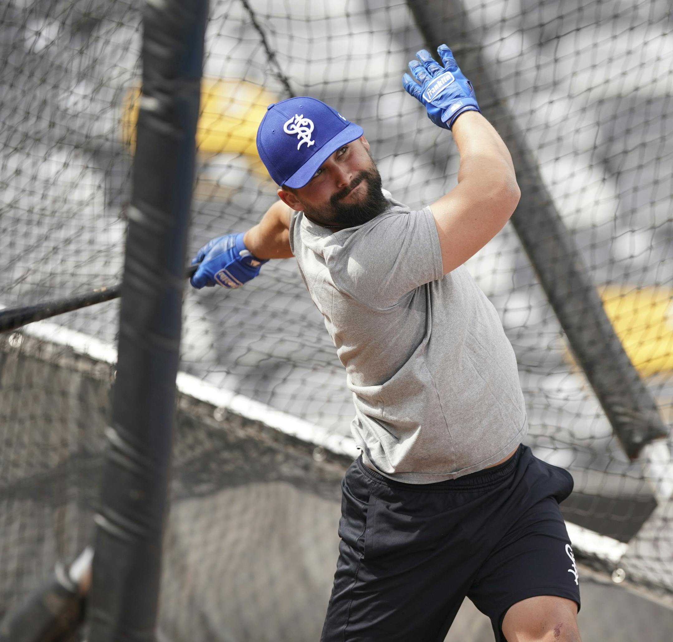 Josh Allen watched his hit ball during batting practice Monday afternoon before a preseason game against Sioux City. ] JEFF WHEELER &#x2022; jeff.wheeler@startribune.com St. Paul Saints second baseman Josh Allen is returning to the team for the season that begins this week. He took part in batting practice and warmups before Monday's preseason game May 13, 2019 at CHS Field in St. Paul.