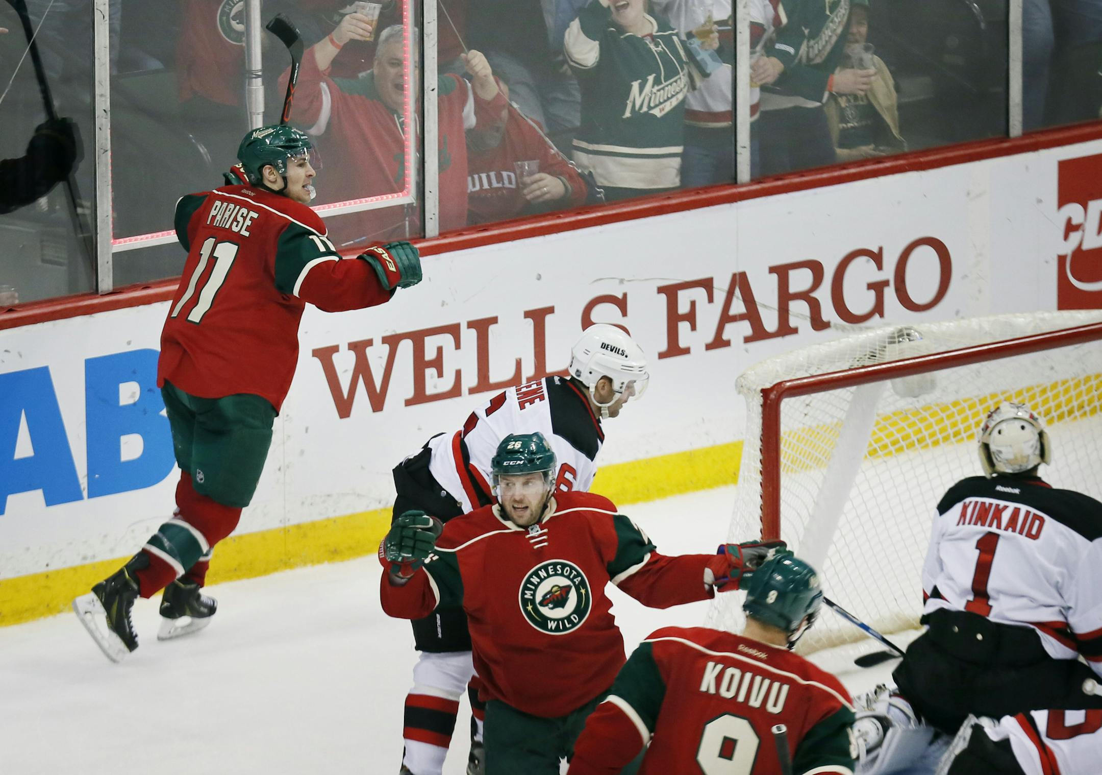 Minnesota Wild left wing Zach Parise (11) celebrated his third period goal .The Minnesota Wild beat the New Jersey Devils 6-2 at Xcel Energy Center March 10, 2015 in St. Paul, Minnesota. ] Jerry Holt/ Jerry.Holt@Startribune.com