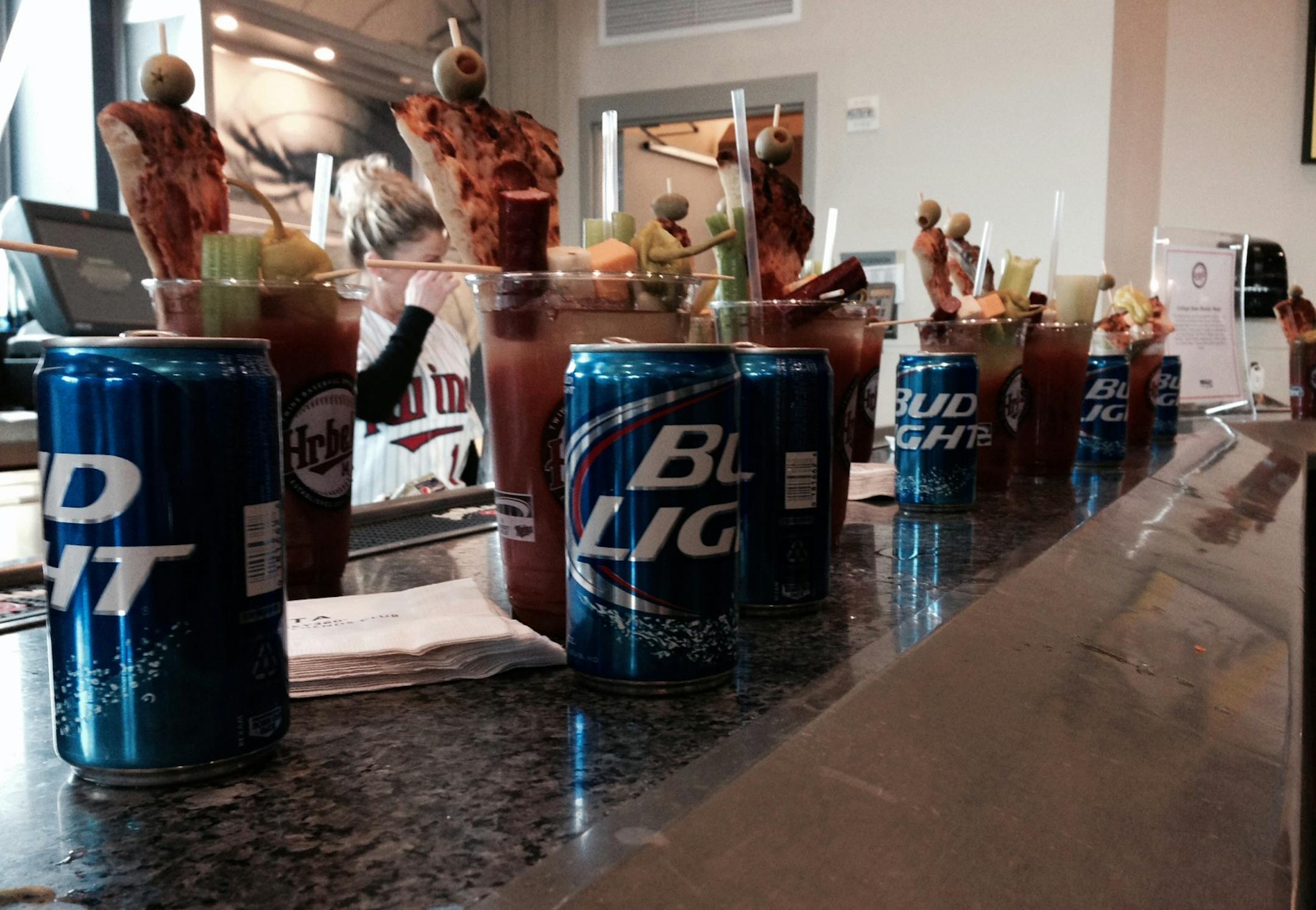 Rows of "College Daze Bloody Mary's" lined up at Hrbek's at Target Field during Tuesday's tour of new food and drink offerings. Photo/Michael Rand ORG XMIT: MIN1504071400252797