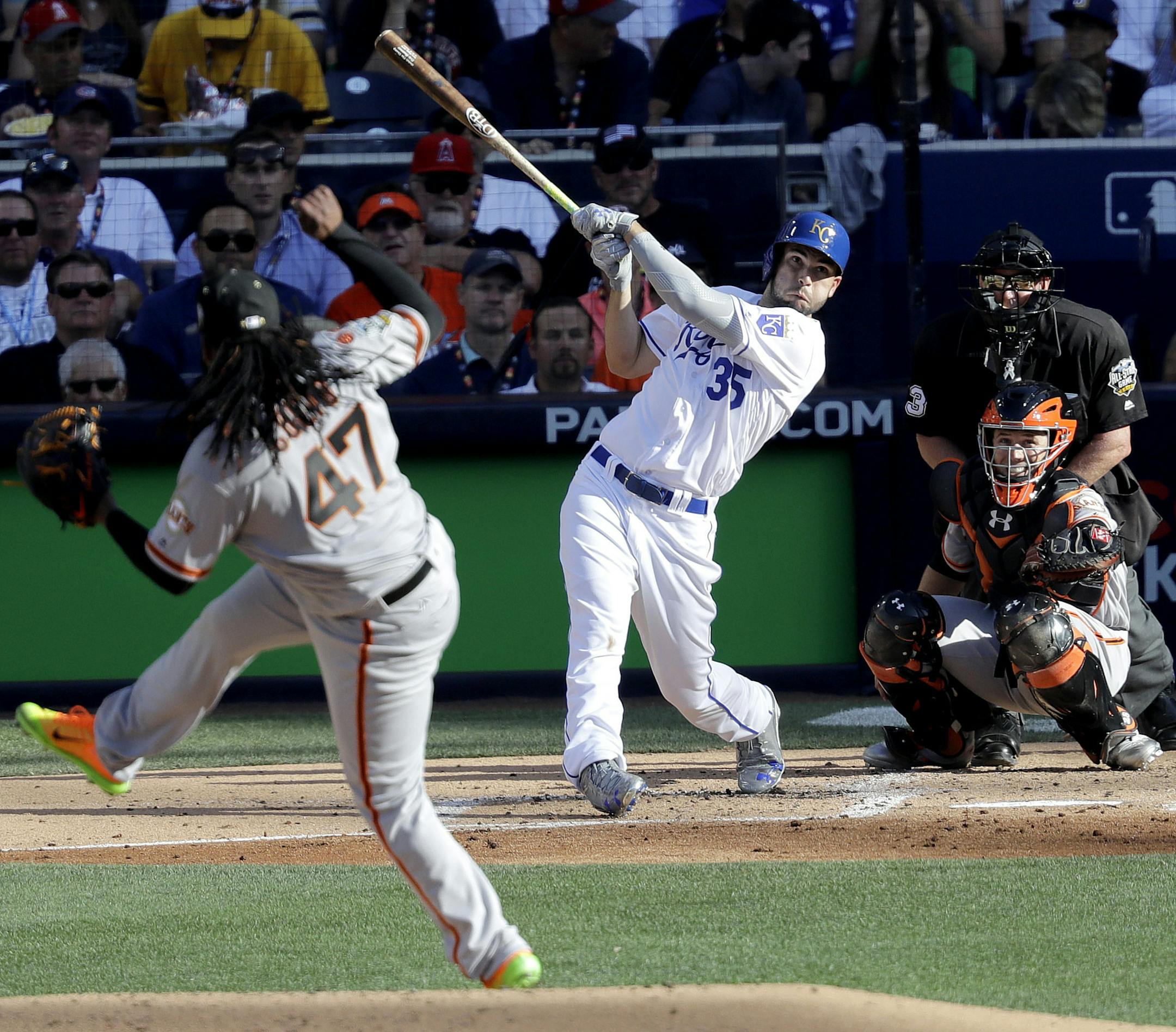 American League's Eric Hosmer, of the Kansas City Royals, hits a home run off National League starting pitcher Johnny Cueto, of the San Francisco Giants, during the second inning of the MLB baseball All-Star Game, Tuesday, July 12, 2016, in San Diego. (AP Photo/Jae C. Hong)