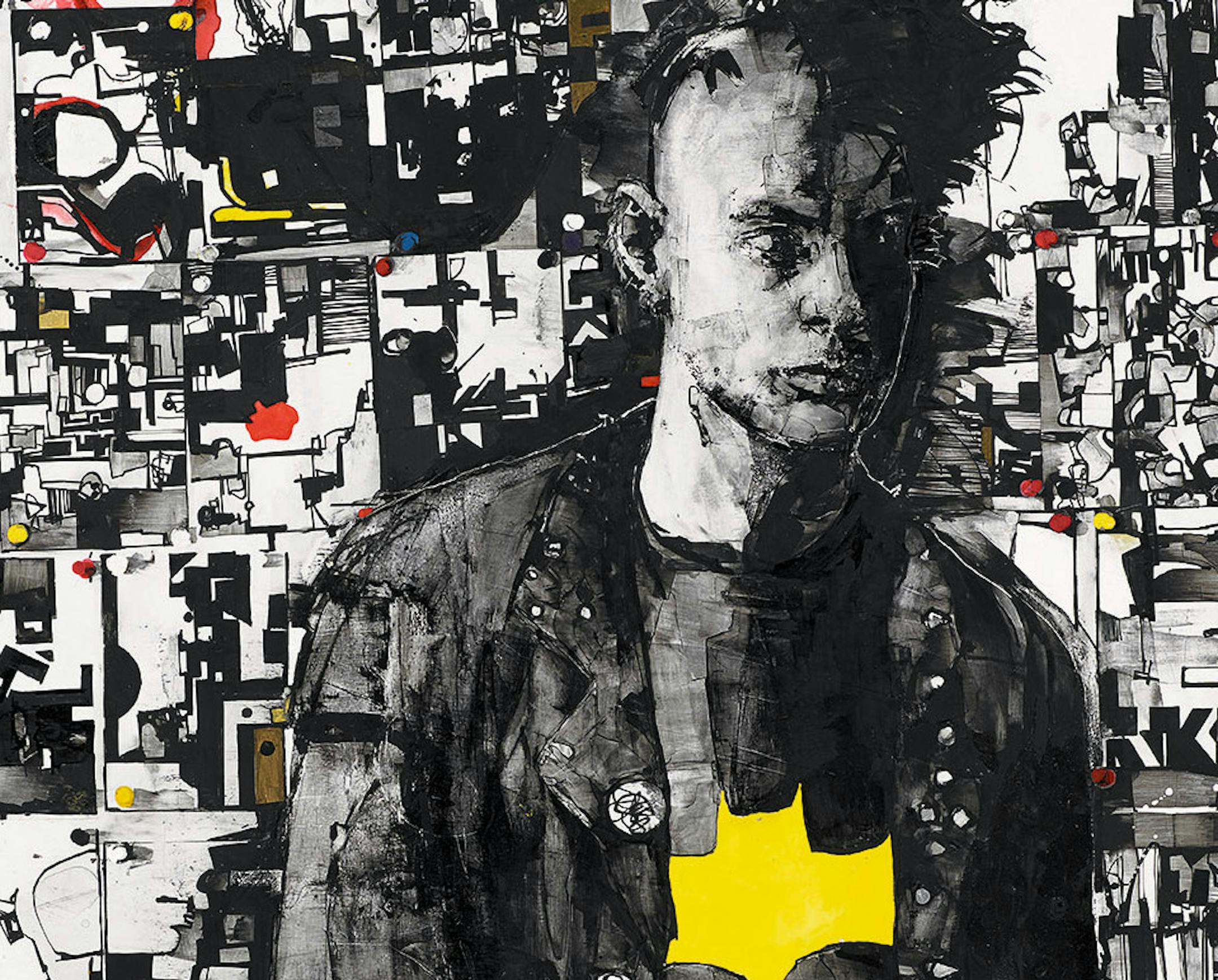 The Expressionist Figure exhitit at Walker Art Center Zak Smith Self-Portrait with a Bunch of Pictures Pinned to the Wall
2003
acrylic, metallic ink on plastic-coated paper
39 13/16 x 27 7/16 in.
Private collection
©Zak Smith