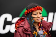 Beka Munduruku, a 21-year-old Indigenous leader from Brazil, led a news conference outside Cargill in Minnetonka last month. The group criticizes the 