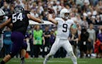 Penn State quarterback Trace McSorley (9) looks to pass against Northwestern during the second half of an NCAA college football game in Evanston, Ill.