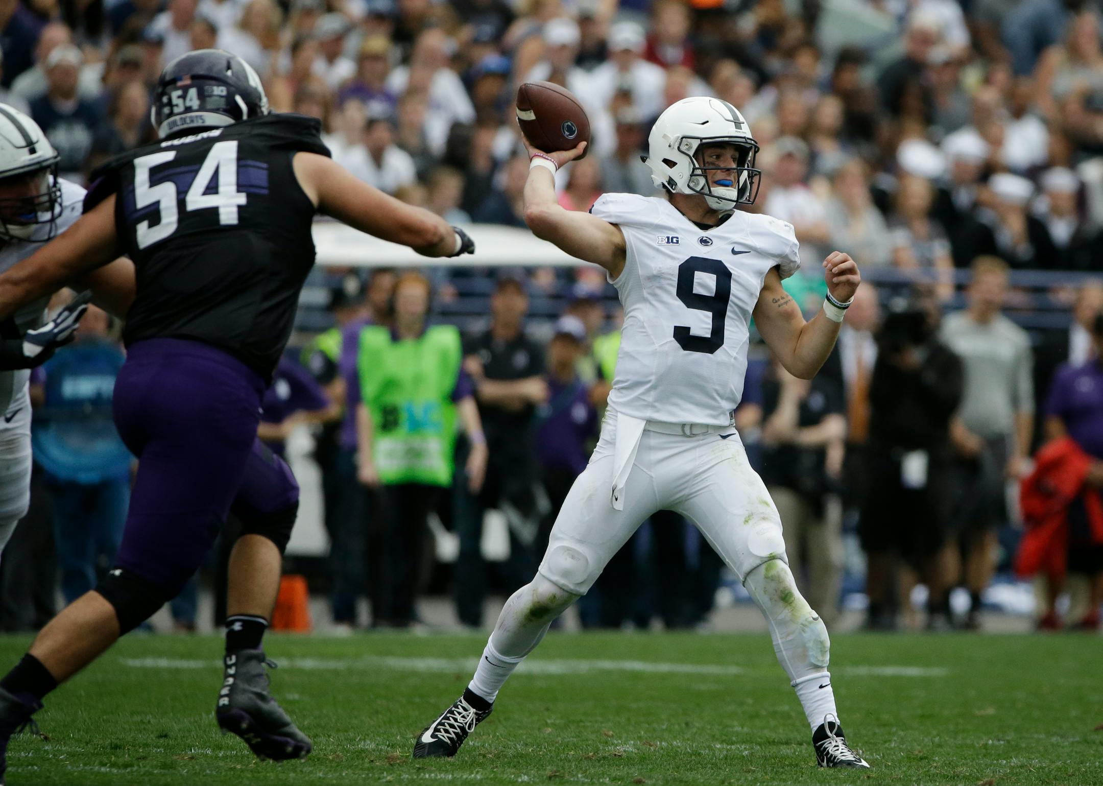 Penn State quarterback Trace McSorley (9) looks to pass against Northwestern during the second half of an NCAA college football game in Evanston, Ill., Saturday, Oct. 7, 2017. (AP Photo/Nam Y. Huh)