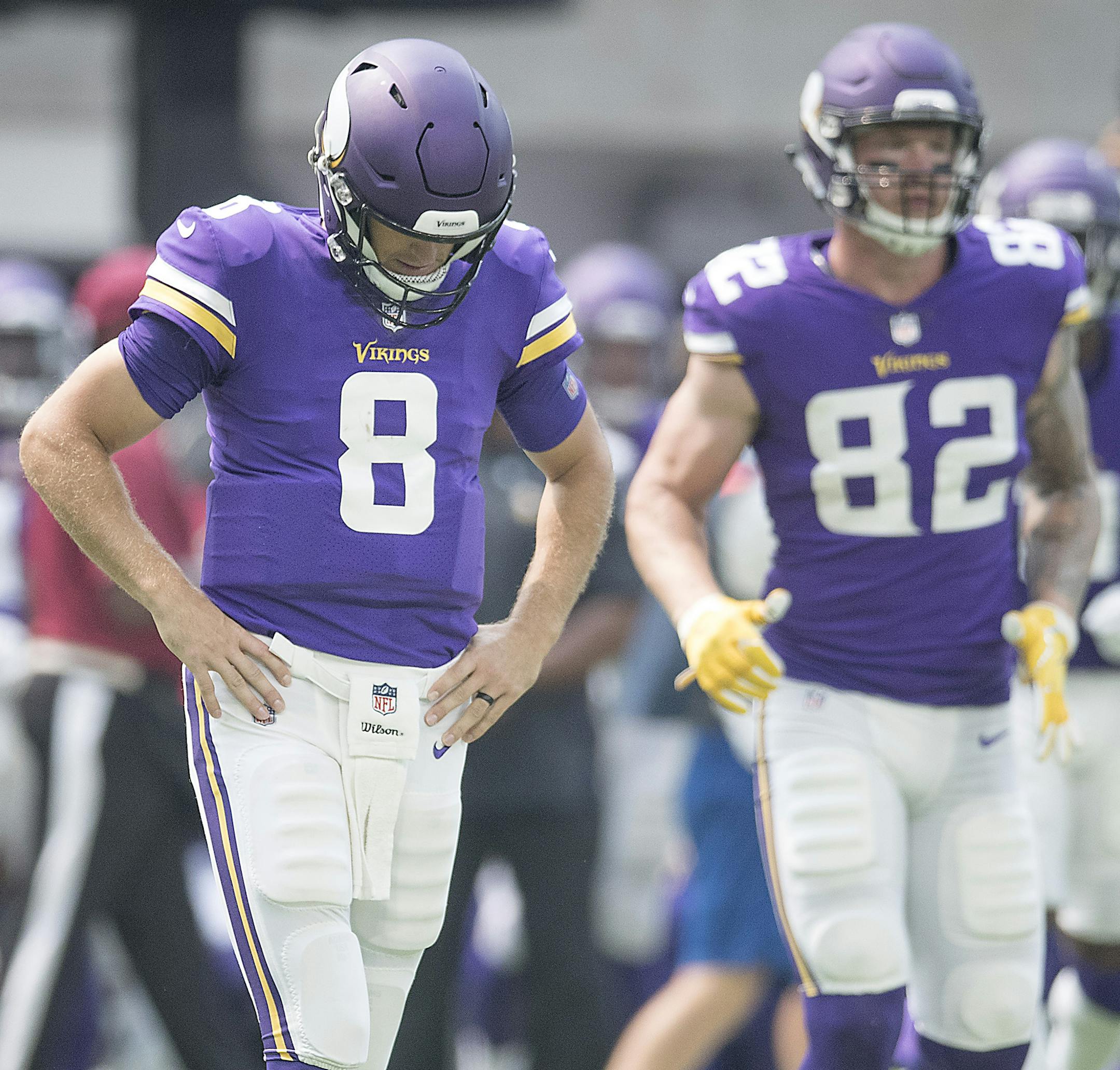 Vikings' quarterback Kirk Cousins showed his frustration during the second quarter the Minnesota Vikings took on the Jacksonville Jaguars at US Bank Stadium, Saturday, August 18, 2018 in Minneapolis, MN. ] ELIZABETH FLORES ï liz.flores@startribune.com