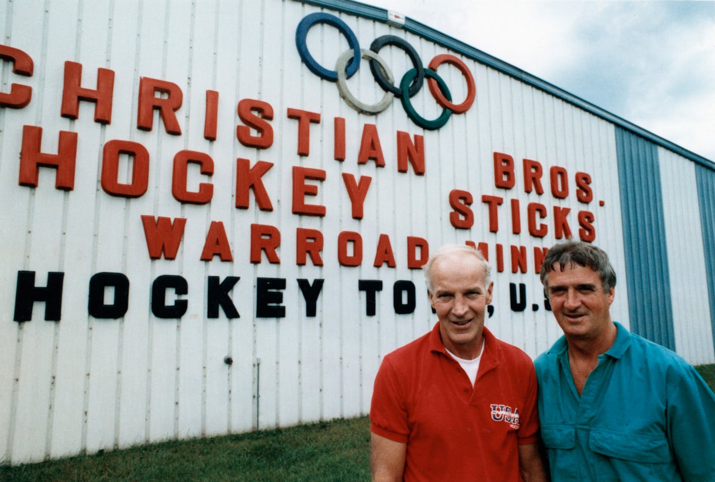 Roger, left, and Bill (Billy) Christian outside their Christian Bros. hockey stick factory in Warroad, Minn., August 1988. Star Tribune staff photo.