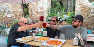 Rick Harrison, left, enjoys beer and pizza at St. Paul Brewing with Corey Harrison and Austin "Chumlee" Russell for an episode of "Pawn Stars Do Ameri