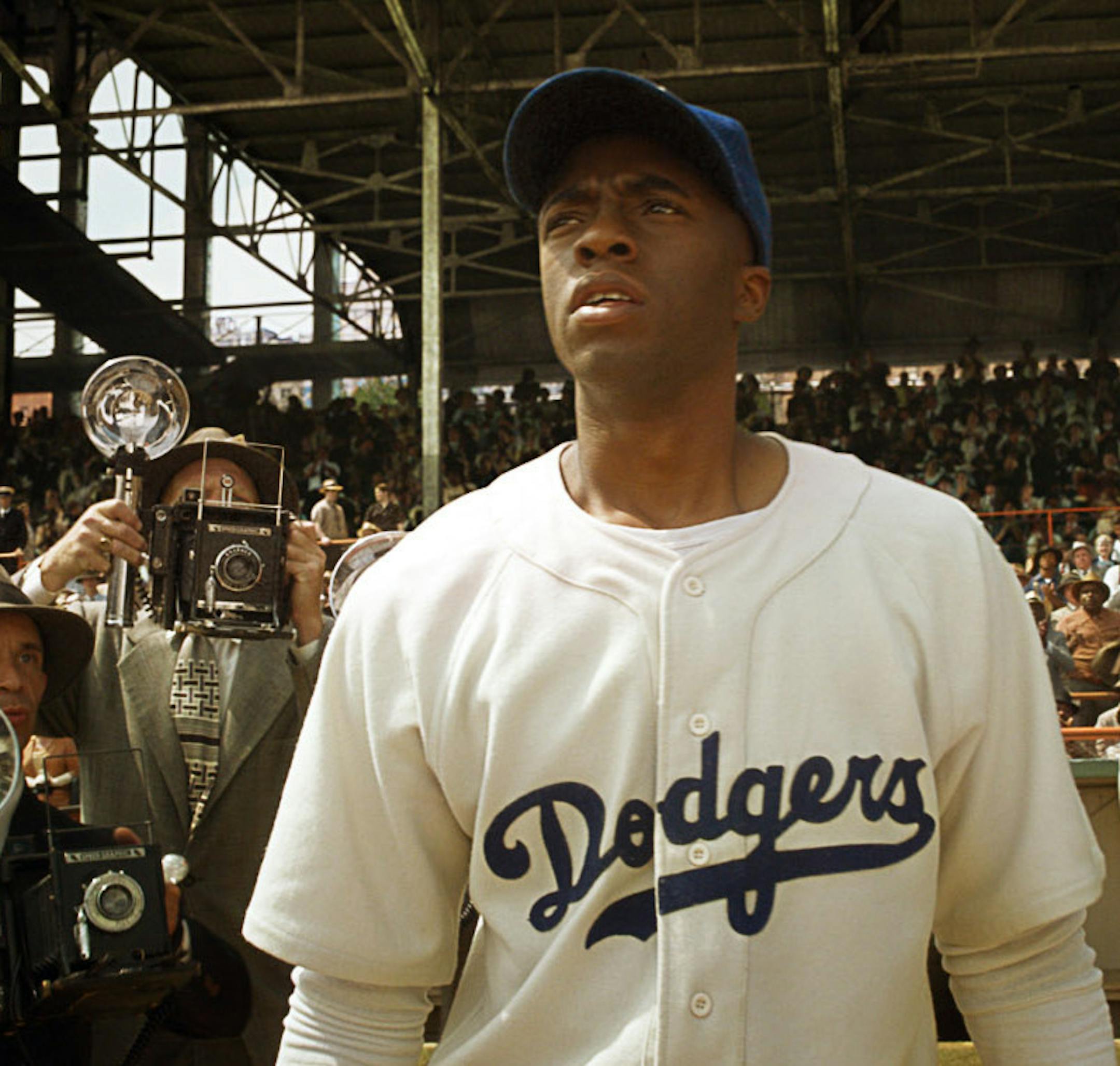 CHADWICK BOSEMAN as Jackie Robinson in Warner Bros. Pictures‚Äô and Legendary Pictures‚Äô drama ‚Äú42,‚Äù a Warner Bros. Pictures release.