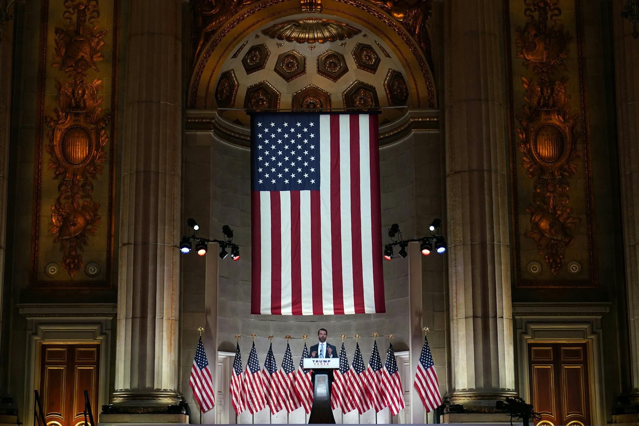 Donald Trump Jr., speaks as he tapes his speech for the first day of the Republican National Convention from the Andrew W. Mellon Auditorium in Washington, Monday, Aug. 24, 2020. (AP Photo/Susan Walsh)
