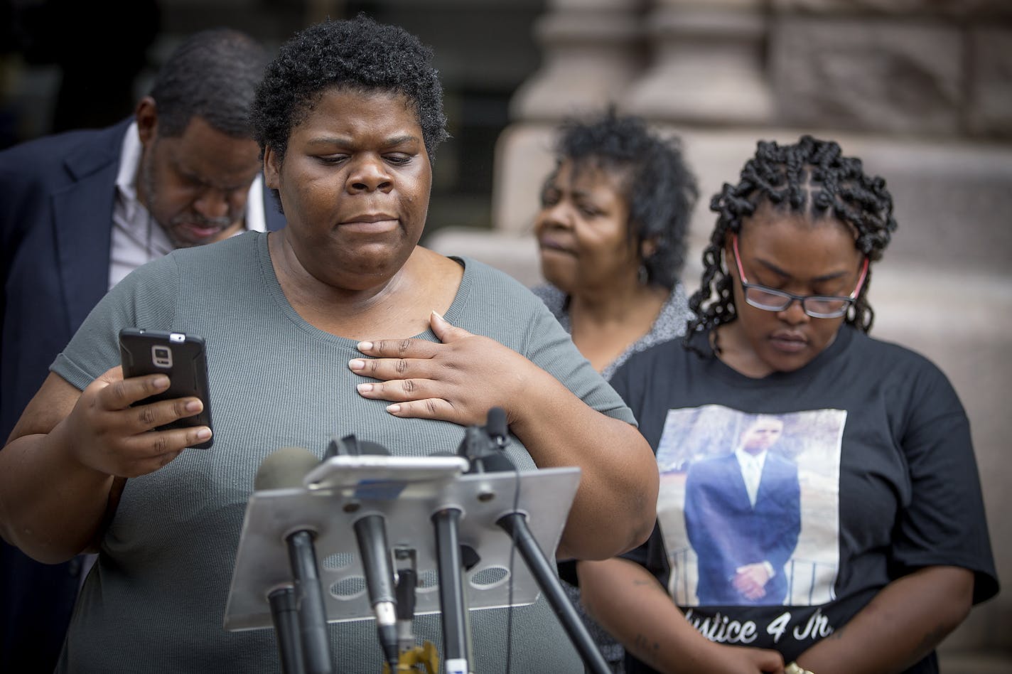 Darlynn Blevins, the sister of Thurman Blevins Jr., addressed the media during a press conference in front of Minneapolis City Hall, Monday, July 9, 2018 in Minneapolis, MN. ] ELIZABETH FLORES &#xef; liz.flores@startribune.com