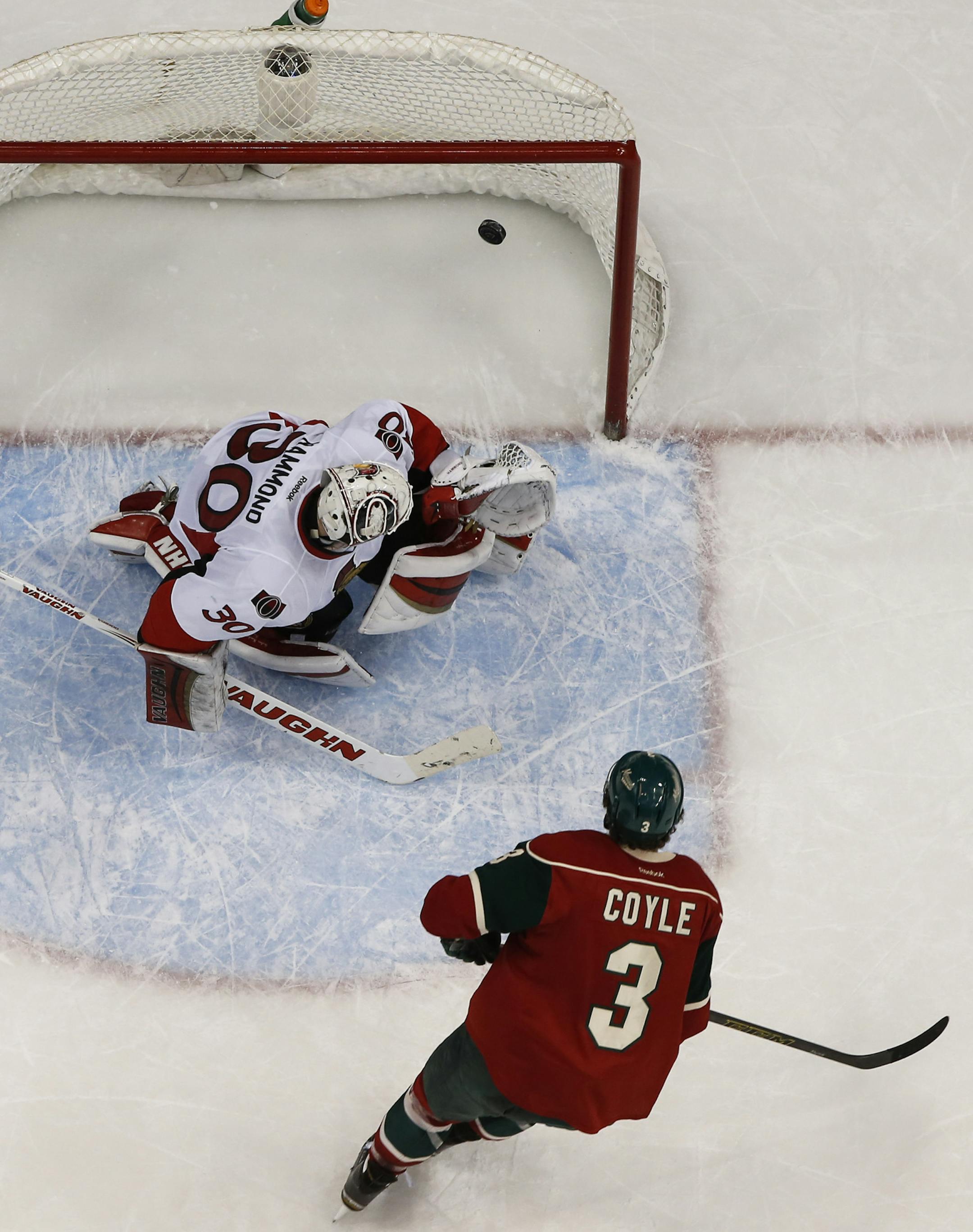 Wild Charlie Coyle got the puck past Ottawa goalie Andrea Hammond in an overtime shootout for the winning point. ] RENEE JONES SCHNEIDER • reneejones@startribune.com The Minnesota Wild played the Ottawa Senators on Tuesday, March 3, 2015 in at the Xcel Energy Center in St. Paul, Minn.
