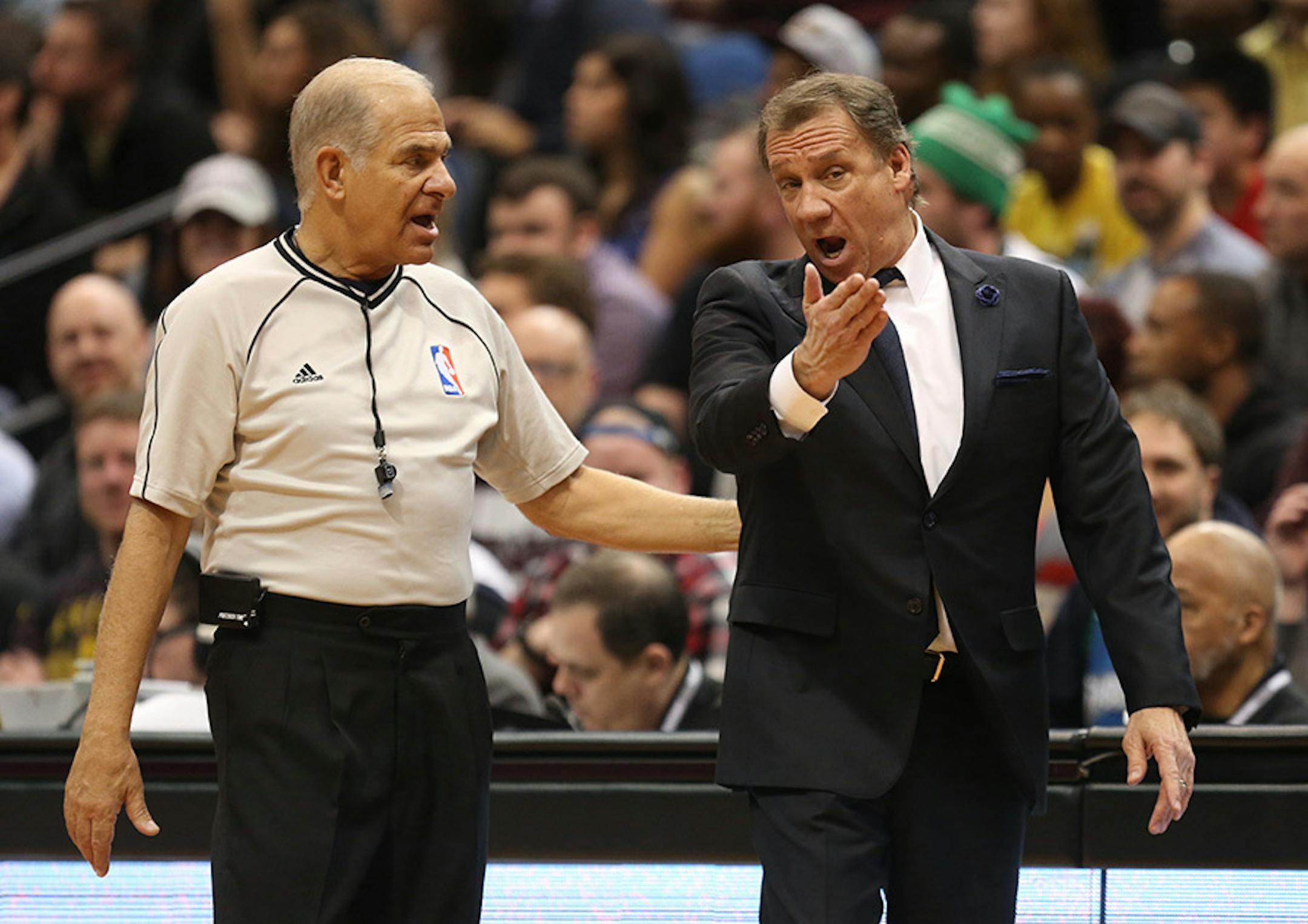 Wolves head coach Flip Saunders complained about a no call during the first half of the Wolves vs. Grizzlies game at Target Center in Minneapolis on Feb. 28, 2015.