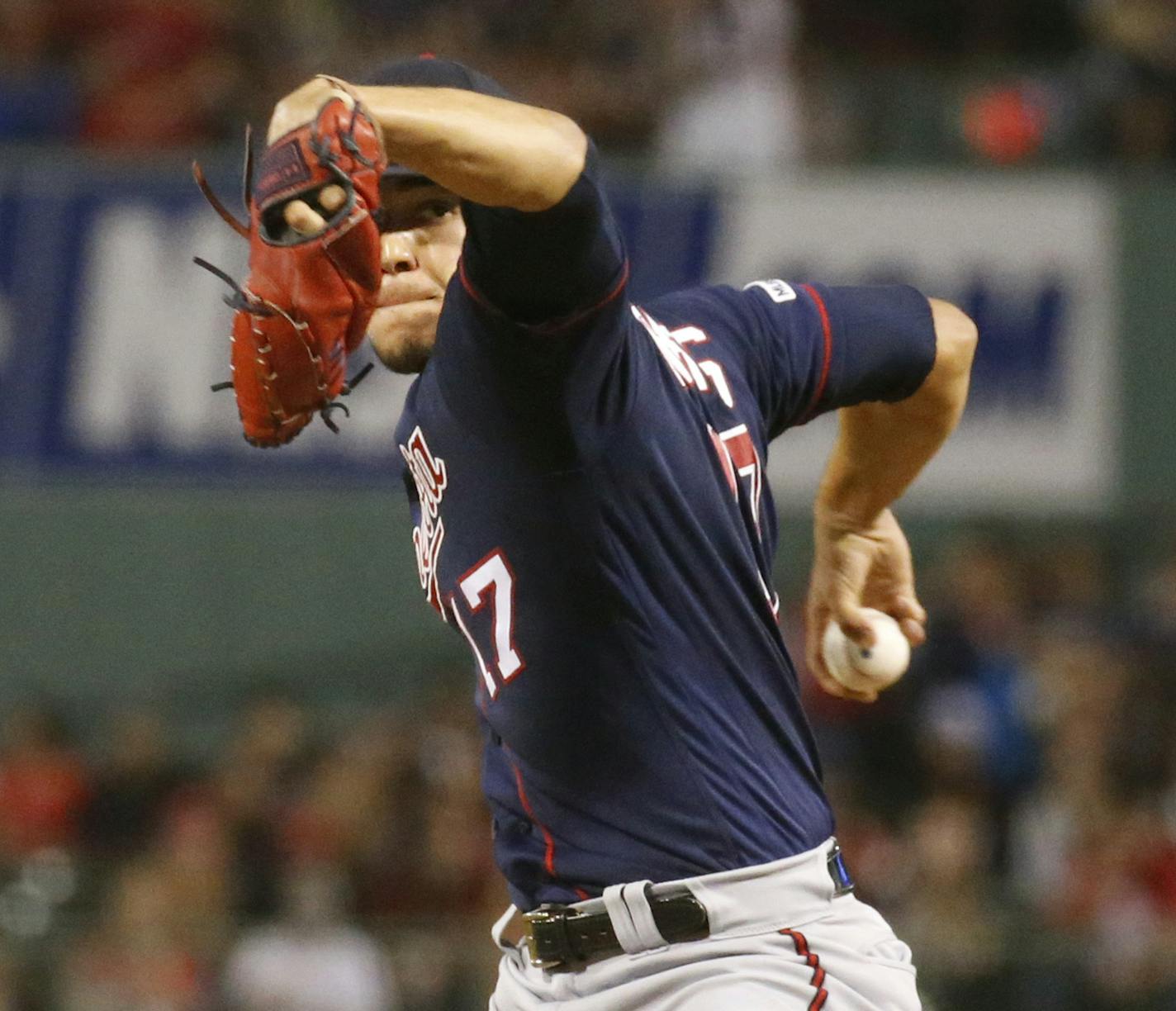 Minnesota Twins starting pitcher Jose Berrios (17) pitches during the first inning of a baseball game against the Boston Red Sox, Wednesday, Sept. 4, 2019, in Boston. (AP Photo/Mary Schwalm)