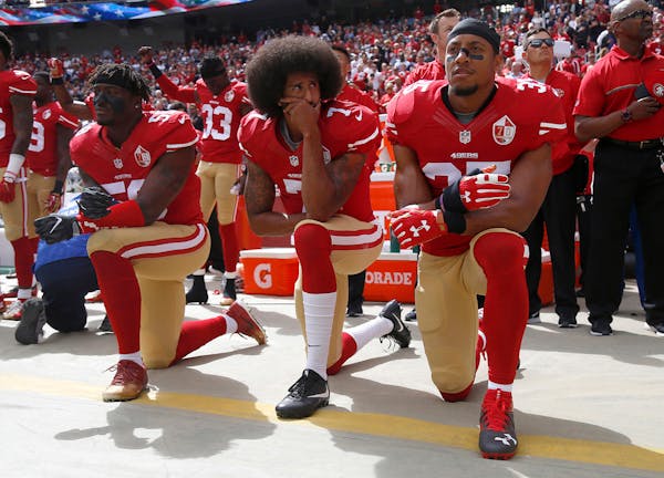 The silent protest of injustice of Colin Kaepernick (middle, kneeling during a 49ers game in 2016 between Eli Harold and Eric Reid) made too many wave